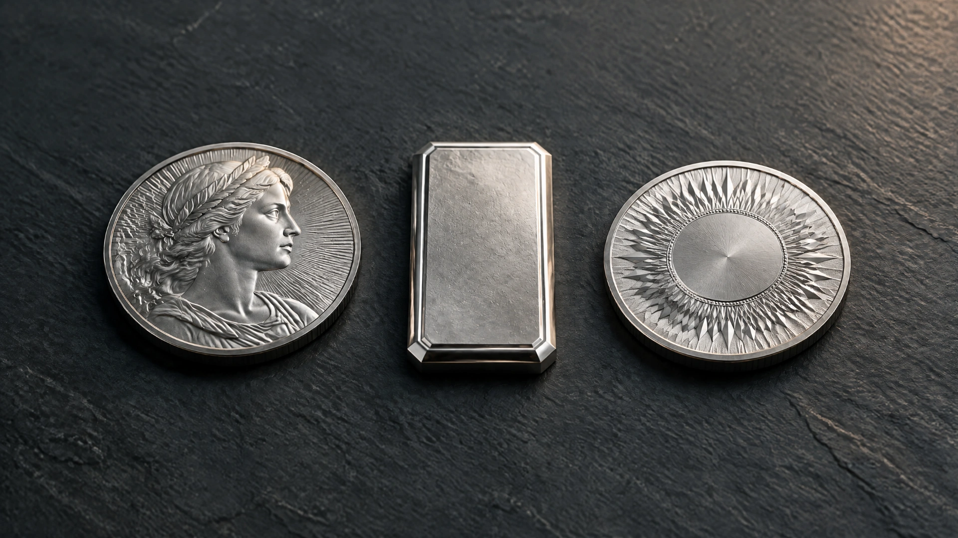 Platinum coin, bar, and round arranged on a dark surface