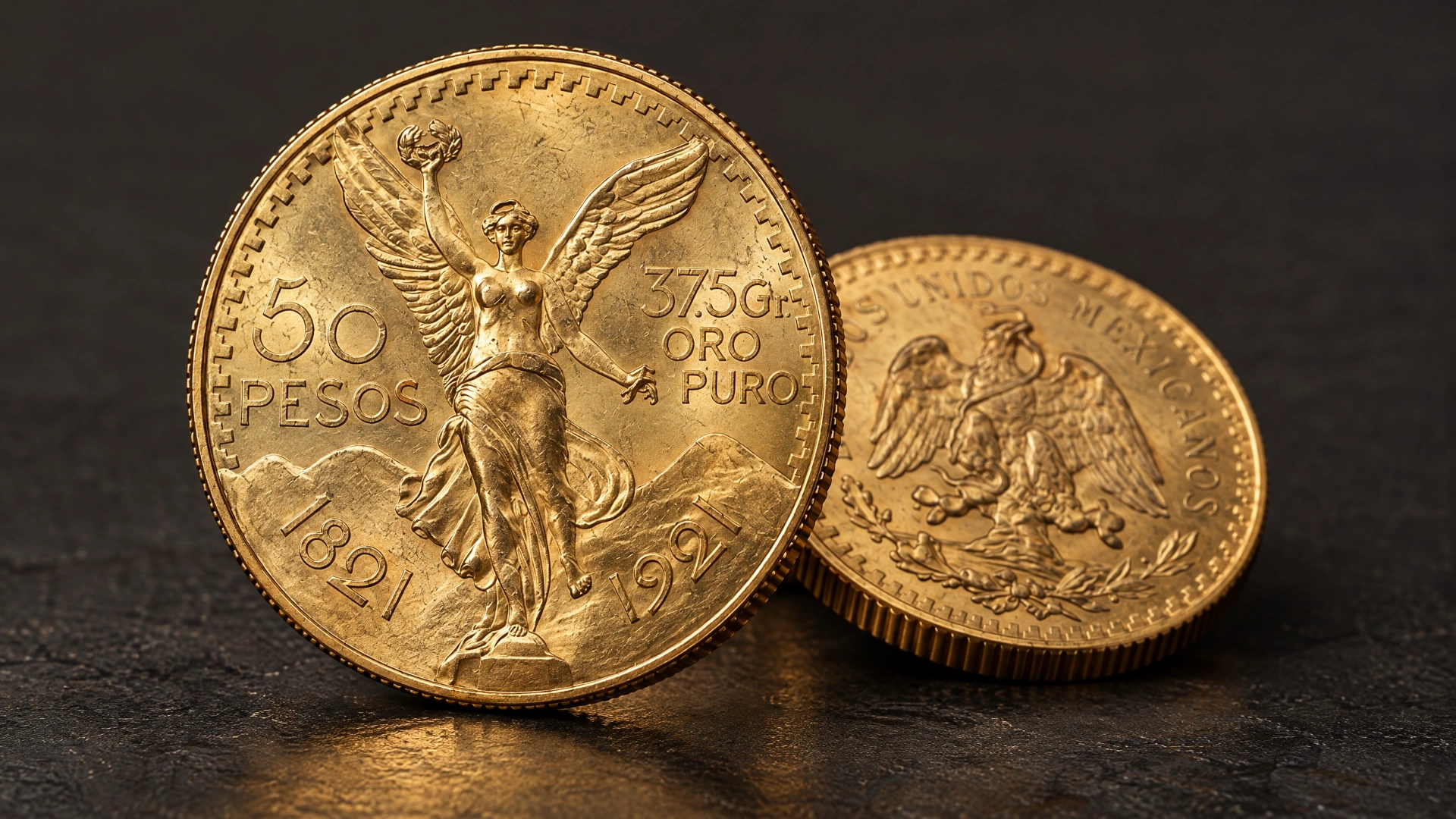 A Mexican Centenario gold coin showing Winged Victory in relief, with a second coin angled to reveal the Mexican national shield.