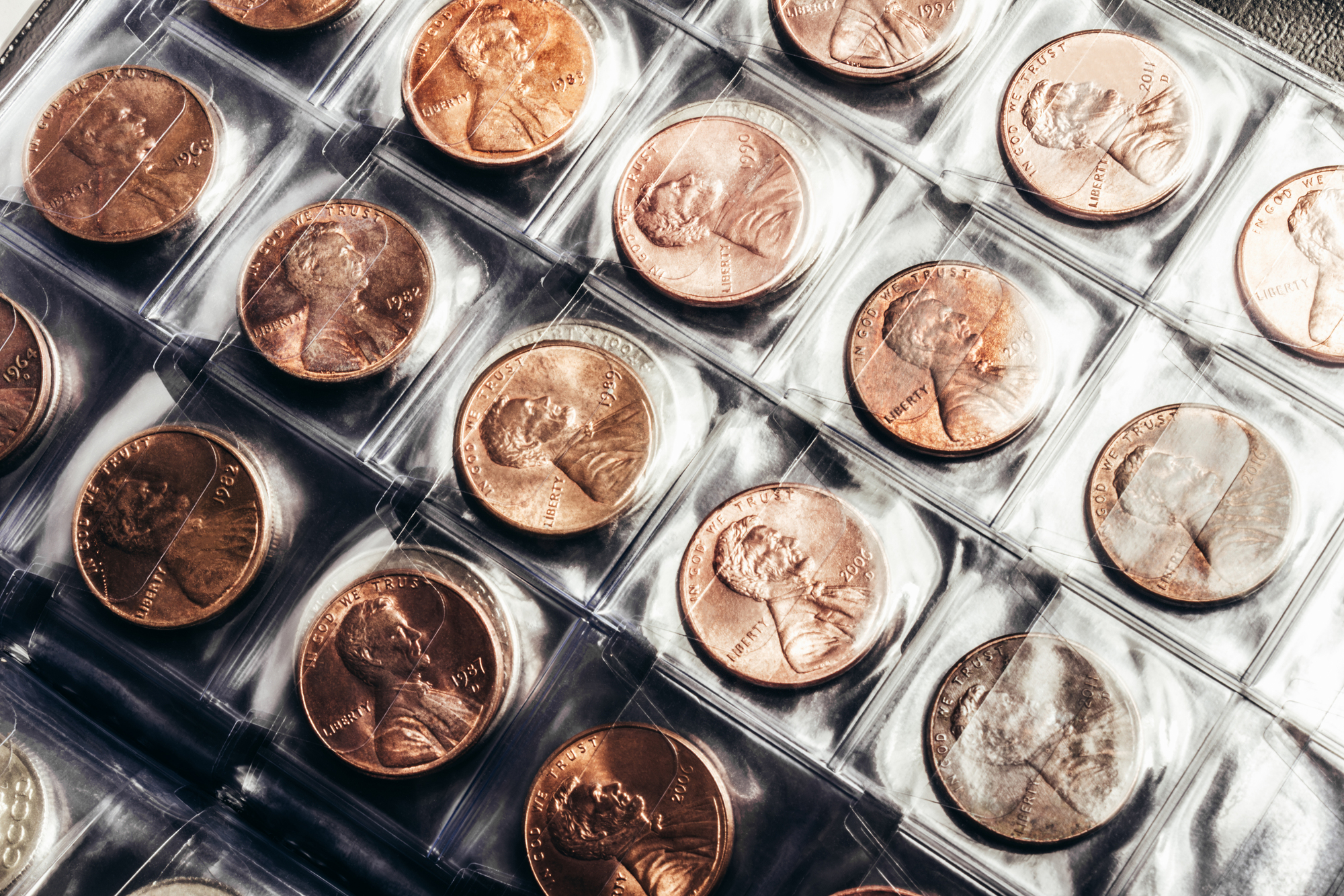 A close-up view of various coins neatly arranged in a transparent plastic case.