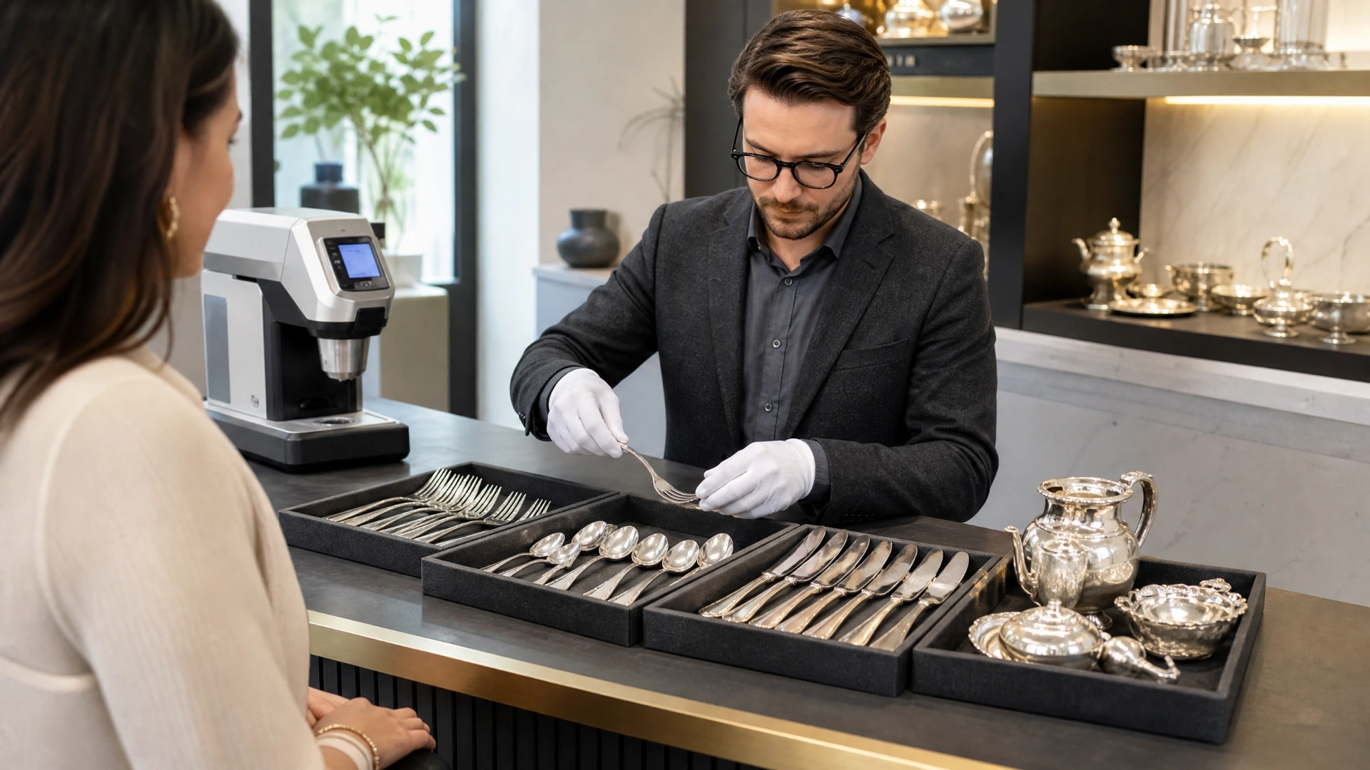 Evaluator sorting silverware into trays while using an XRF analyzer at a buying counter