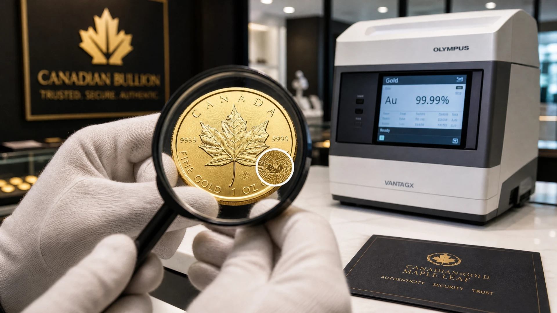 Professional authentication process using magnification and XRF technology to ensure coin purity and authenticity.