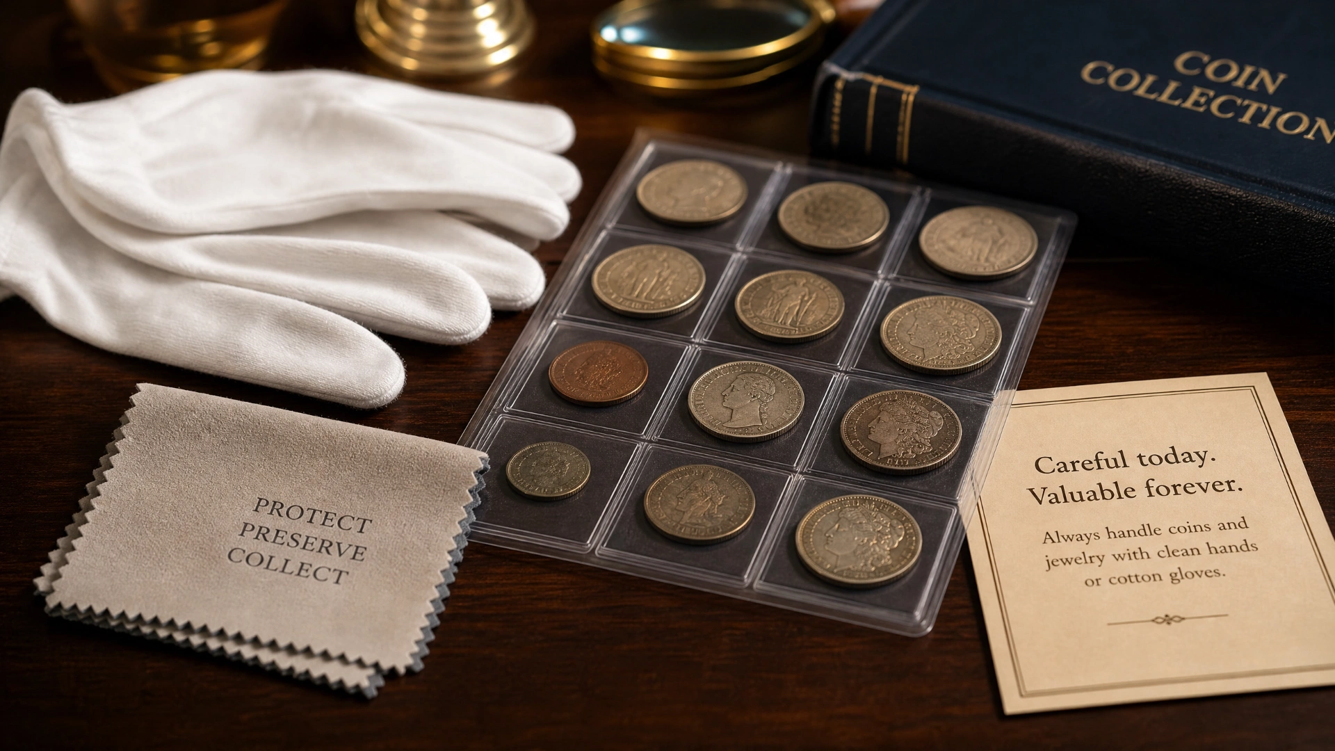 Coin collecting supplies including cotton gloves, a polishing cloth, a coin album with vintage coins, and a care guide card