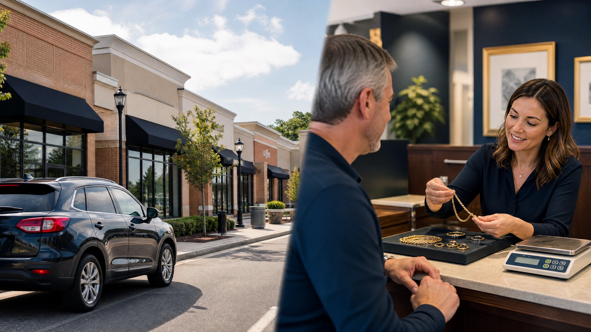 Northern Virginia retail strip and an in-person gold-selling consultation at a counter