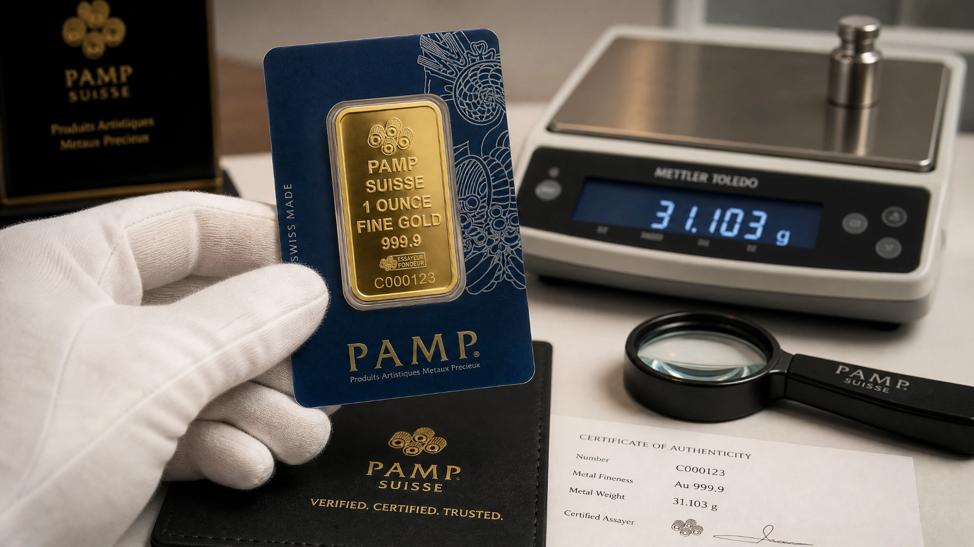 A professional inspection of a PAMP Suisse gold bar, emphasizing the verification and authenticity process.