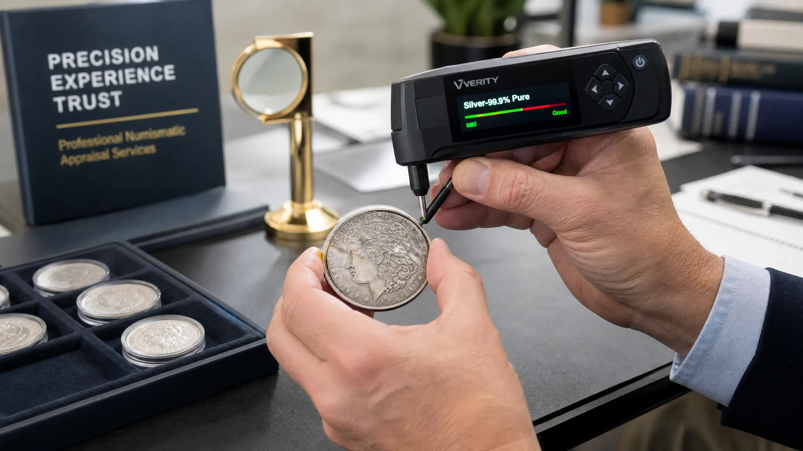 Appraiser using a high-tech electronic testing device to authenticate a silver coin