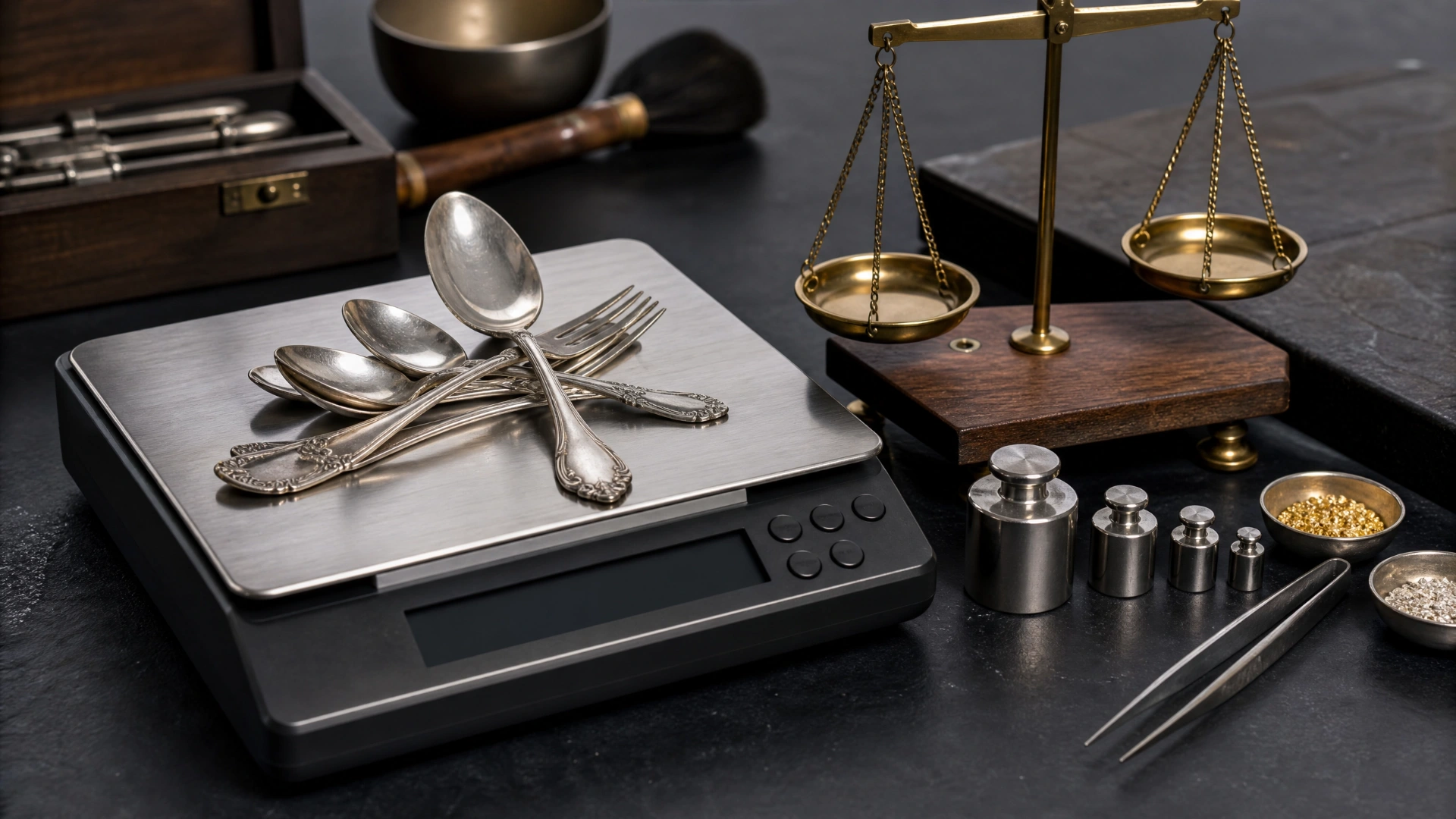 Silver flatware on a precision scale beside a balance scale and measurement weights