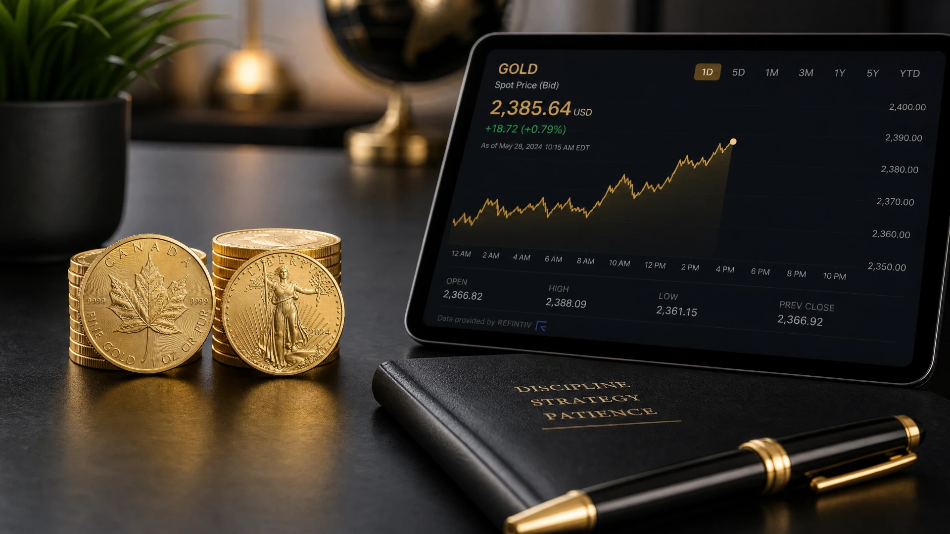 A modern investor's workspace, balancing physical gold holdings with real-time market data analysis.