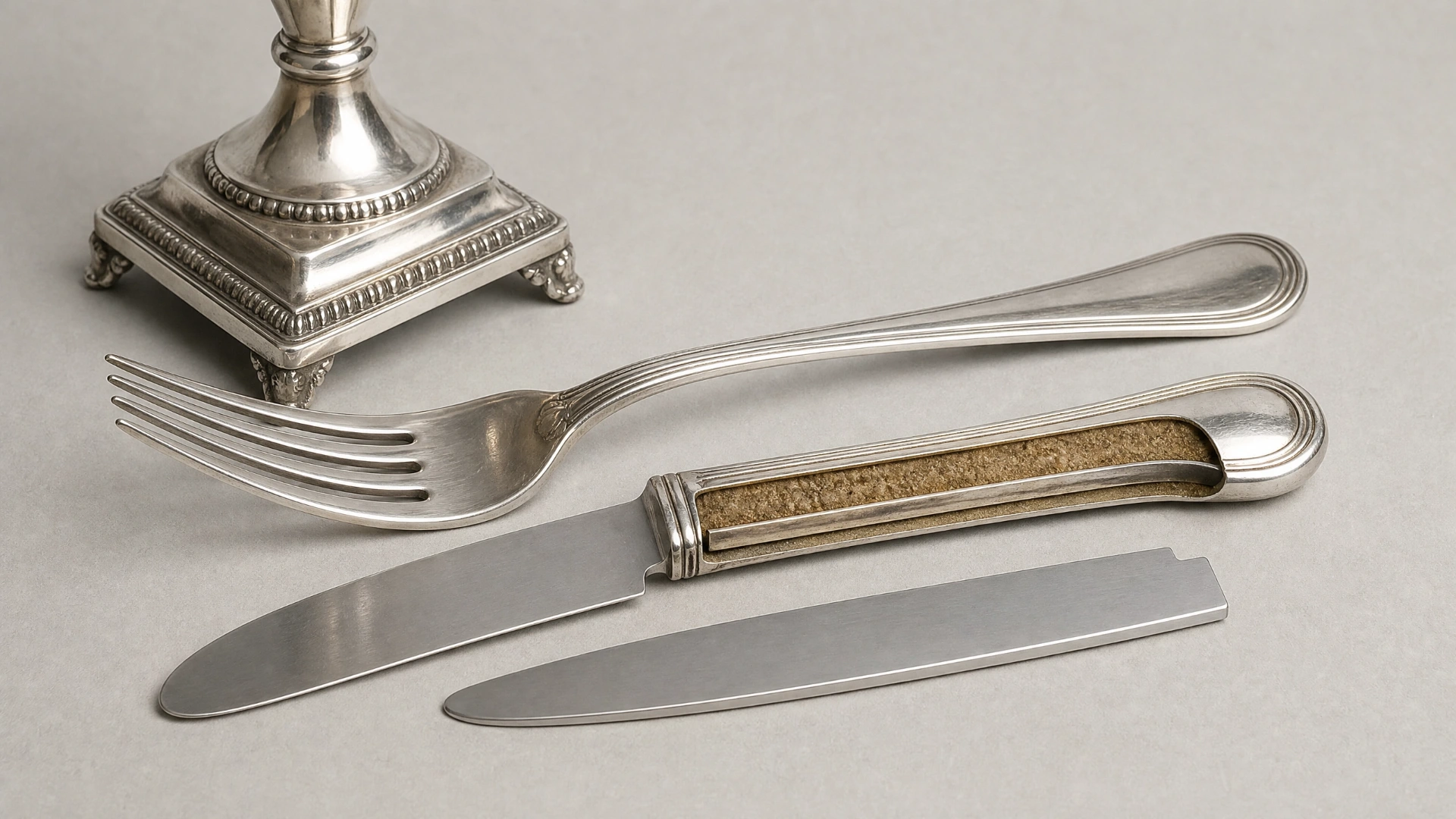 Sterling fork and table knife shown with a cutaway filled handle and a weighted candlestick