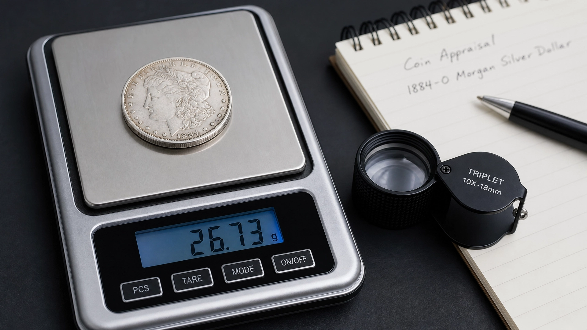 Silver coin being weighed on a precision digital scale