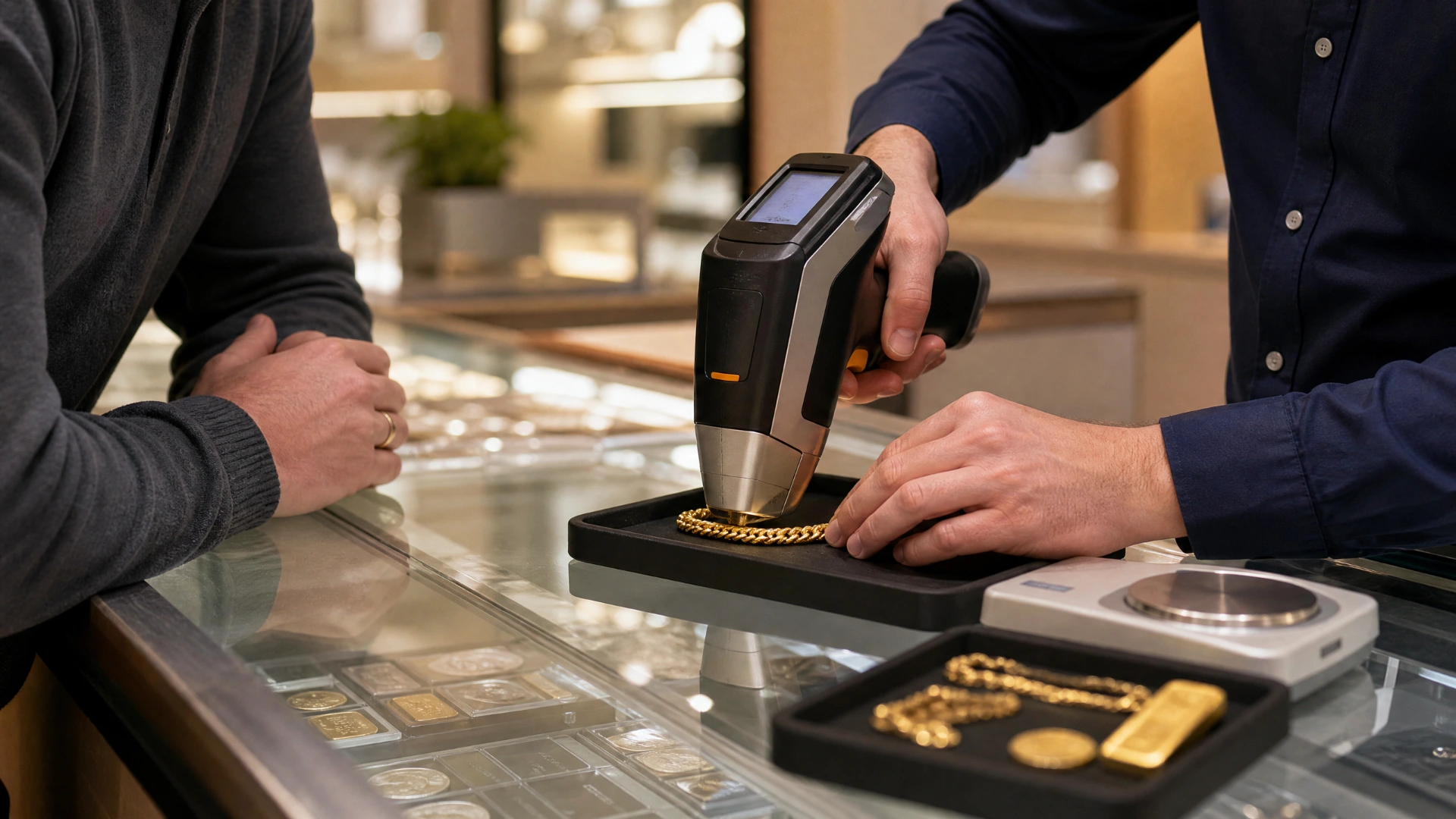 Dealer using handheld X-ray fluorescence equipment to test a gold item at a counter