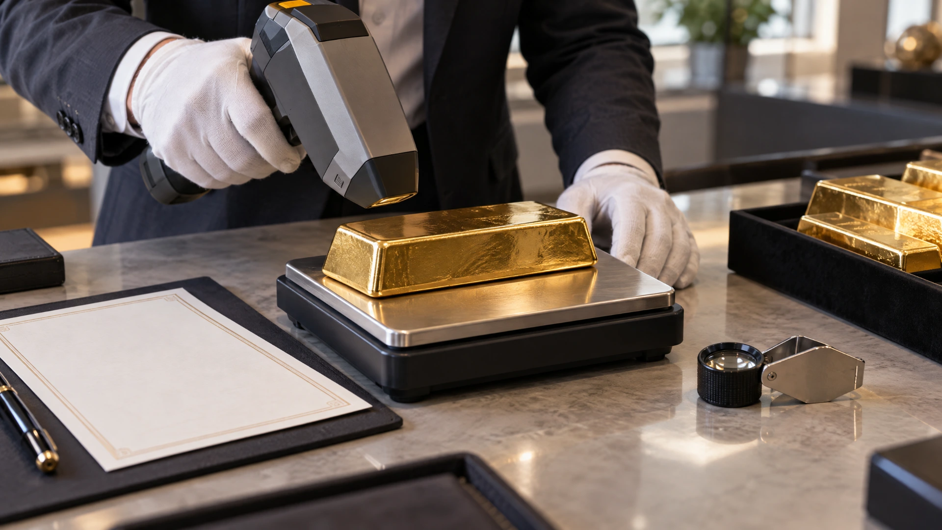 A bullion professional weighing and inspecting a generic gold bar with testing equipment.