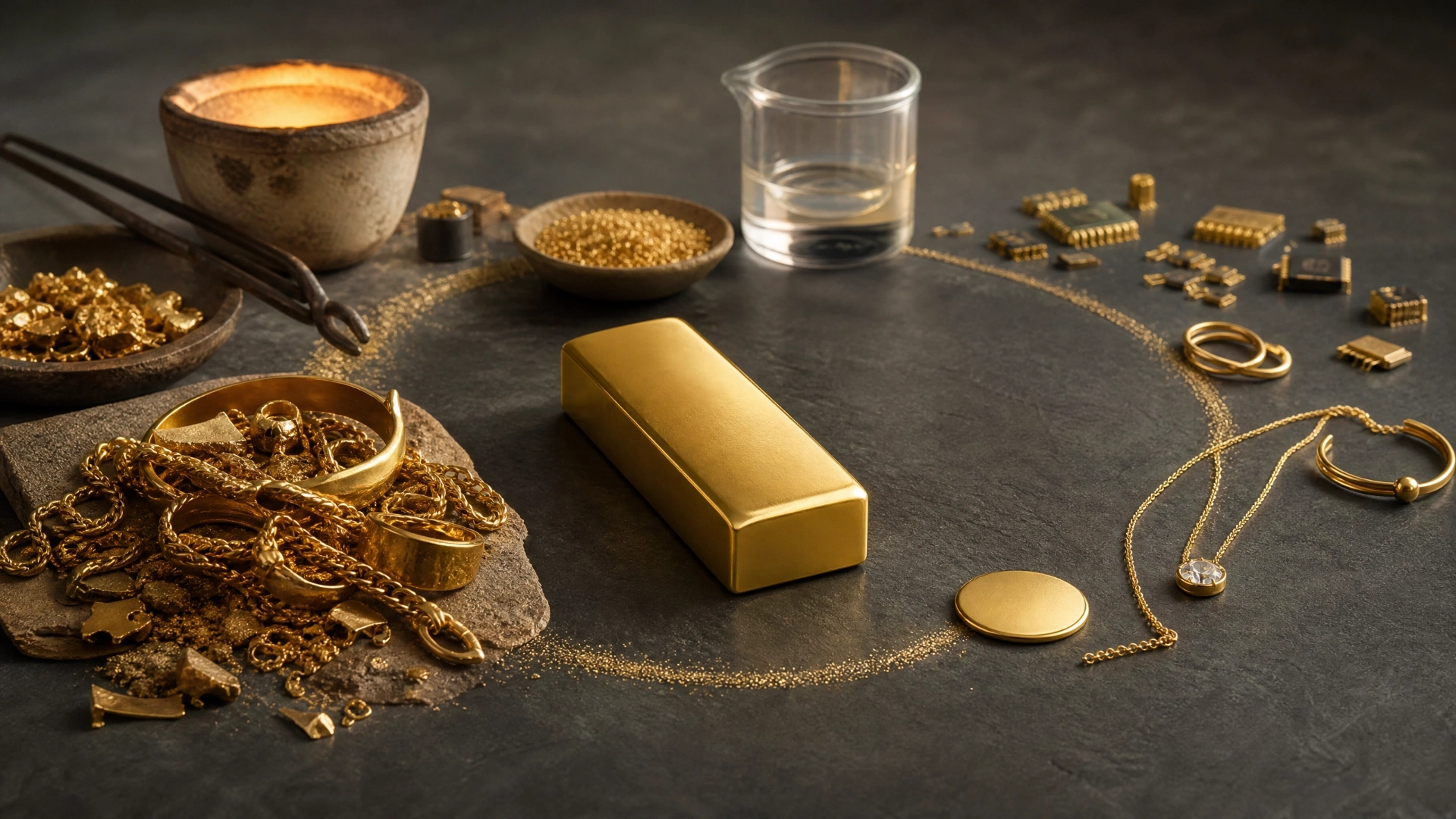 Scrap jewellery transitioning through a refined gold bar into new jewellery, a coin and electronics components