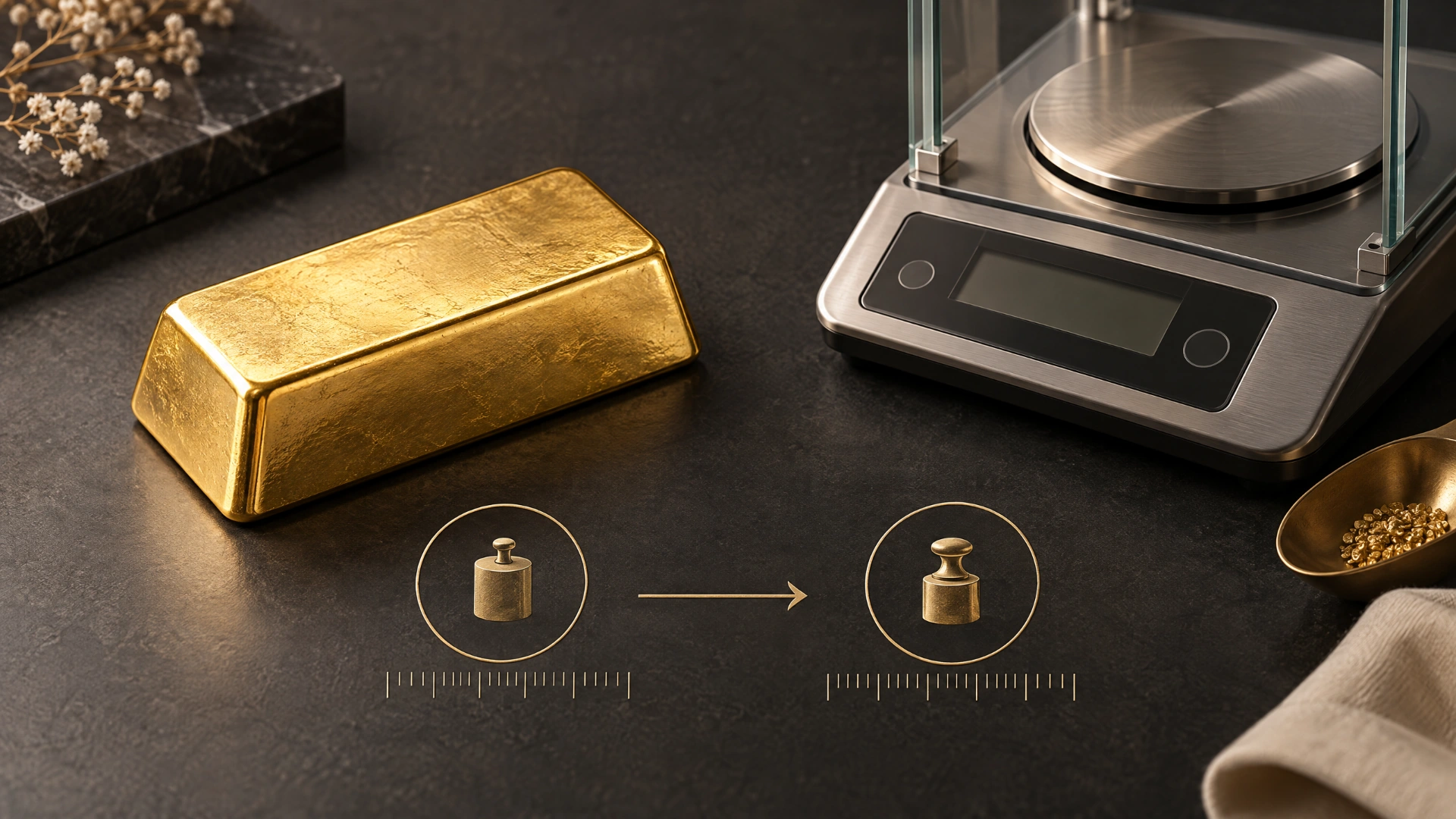 Gold bar beside a precision scale, illustrating the Vietnamese lượng weight conversion