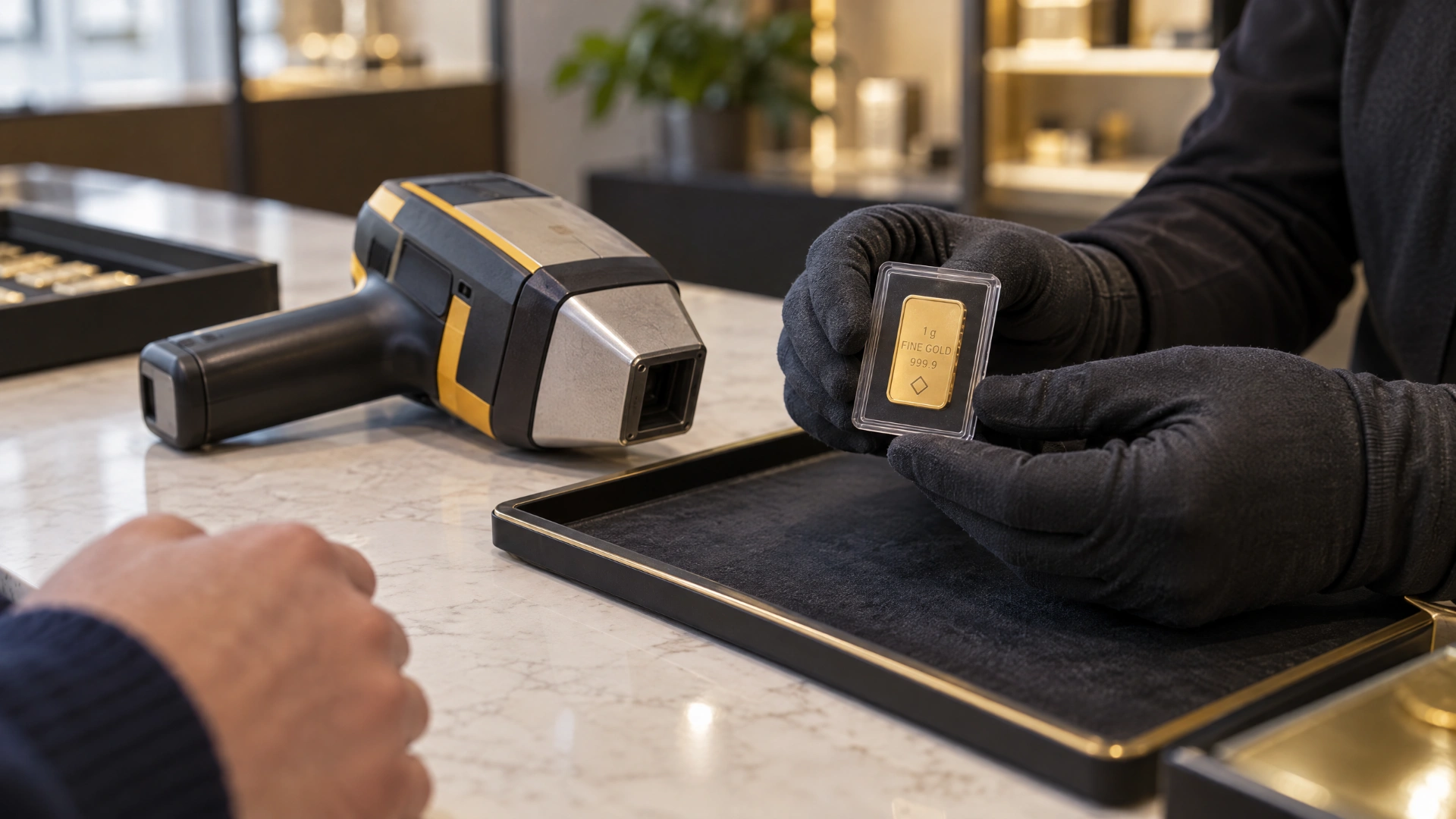 Precious-metals shop counter with a sealed small gold assay bar and handheld XRF analyzer ready for an in-person test.