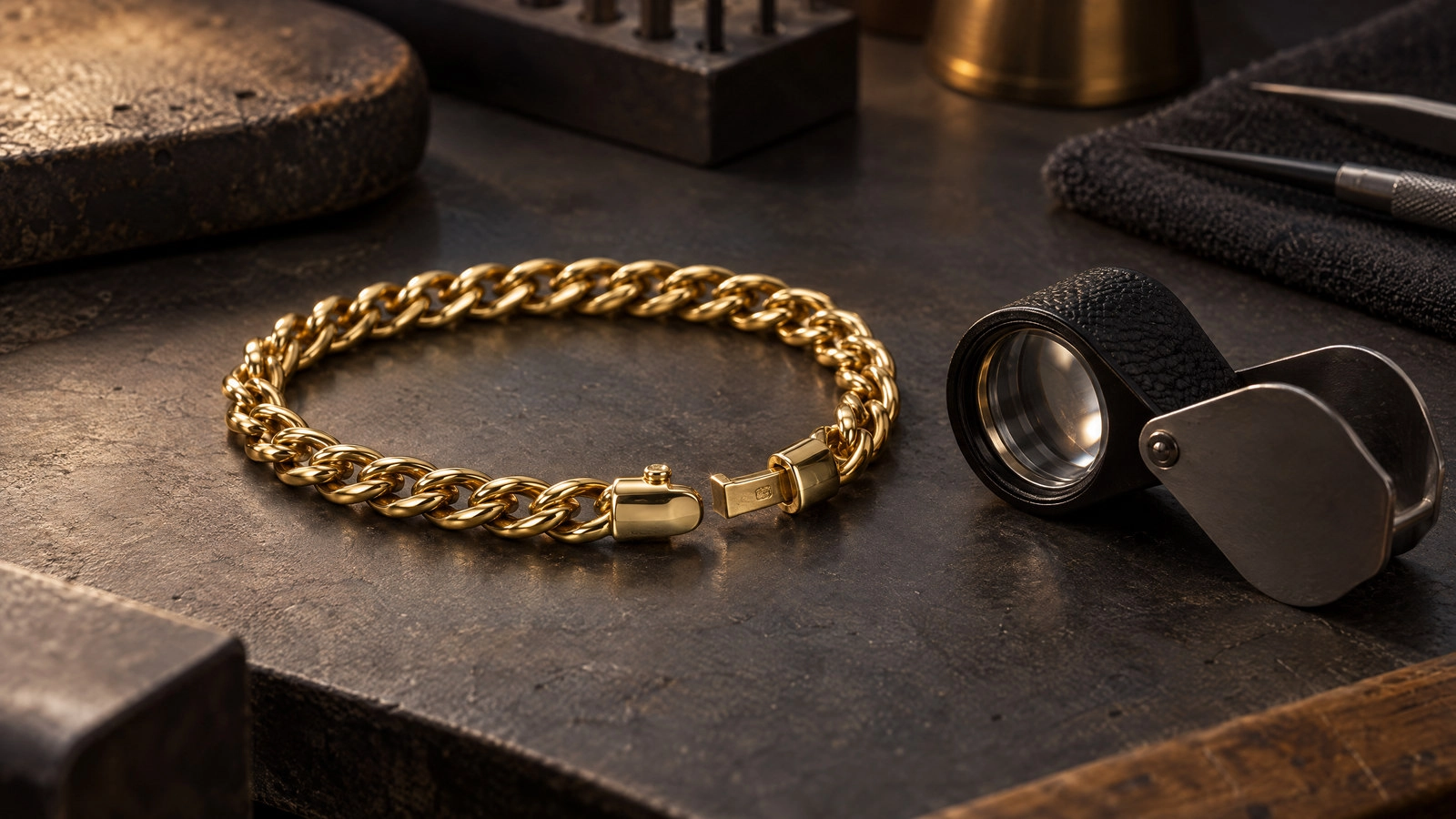 Jeweler examining a bracelet clasp with a loupe.