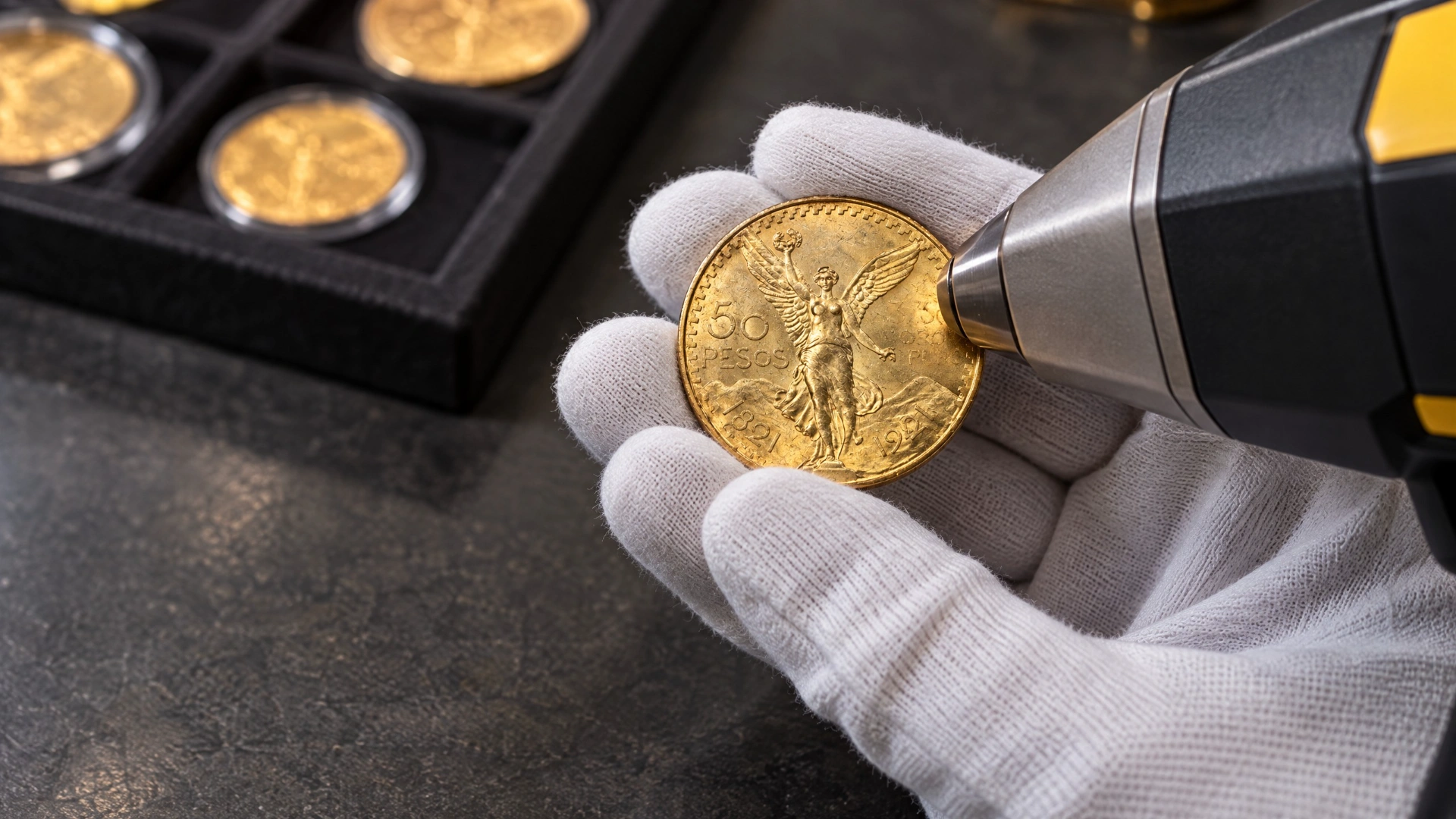A dealer uses a handheld XRF analyzer to test a Mexican Centenario gold coin at an evaluation counter.