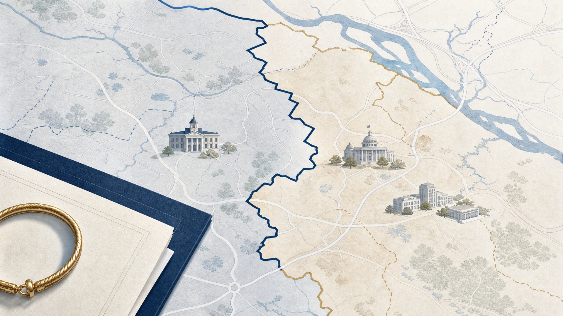 Map-inspired illustration showing distinct jurisdiction boundaries, roads, civic buildings and a gold bracelet