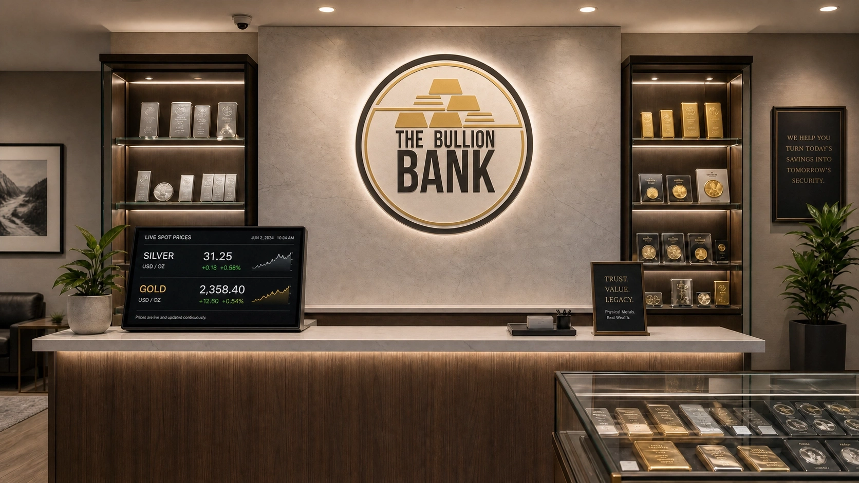 Interior of The Bullion Bank dealership featuring live spot price displays and professional service.