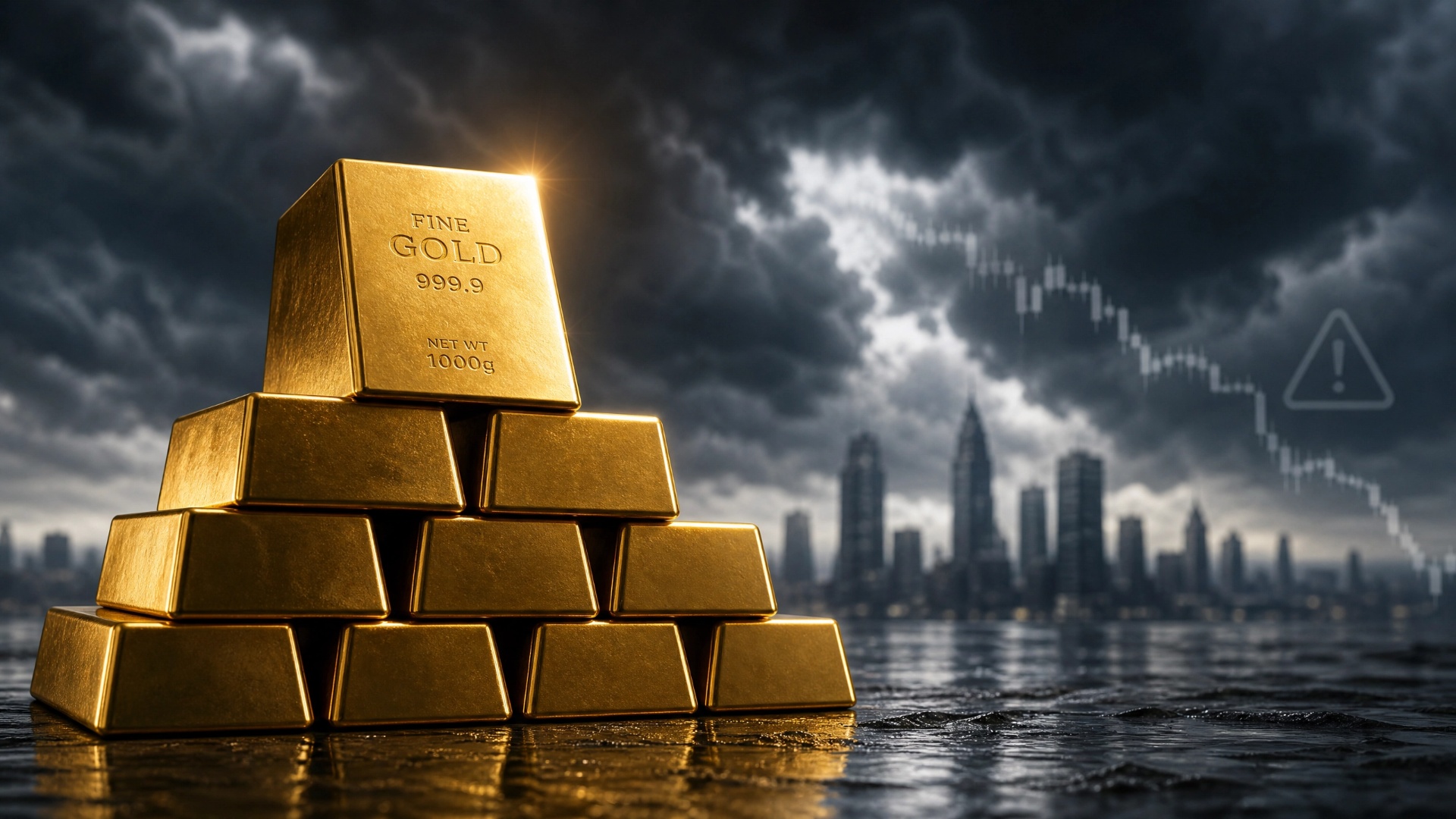 Stacked gold bars in front of a city skyline, symbolizing wealth and prosperity against an urban backdrop.