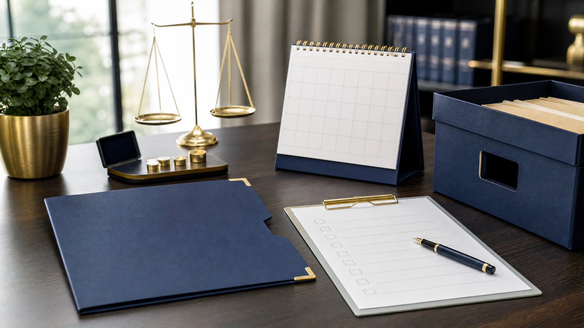Compliance folder, calendar, records box and scale arranged on a desk