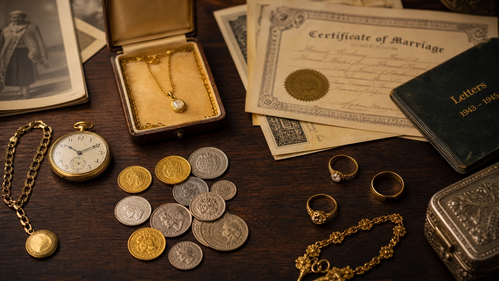 Inherited estate items including coins, jewelry, a pocket watch, documents, and certificates organized on a wooden table