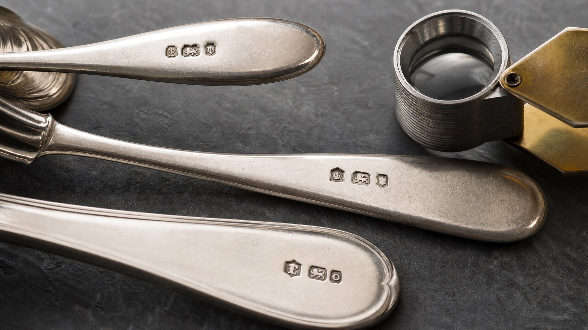 Close-up of hallmark impressions on the underside of silver flatware with a jeweler’s loupe