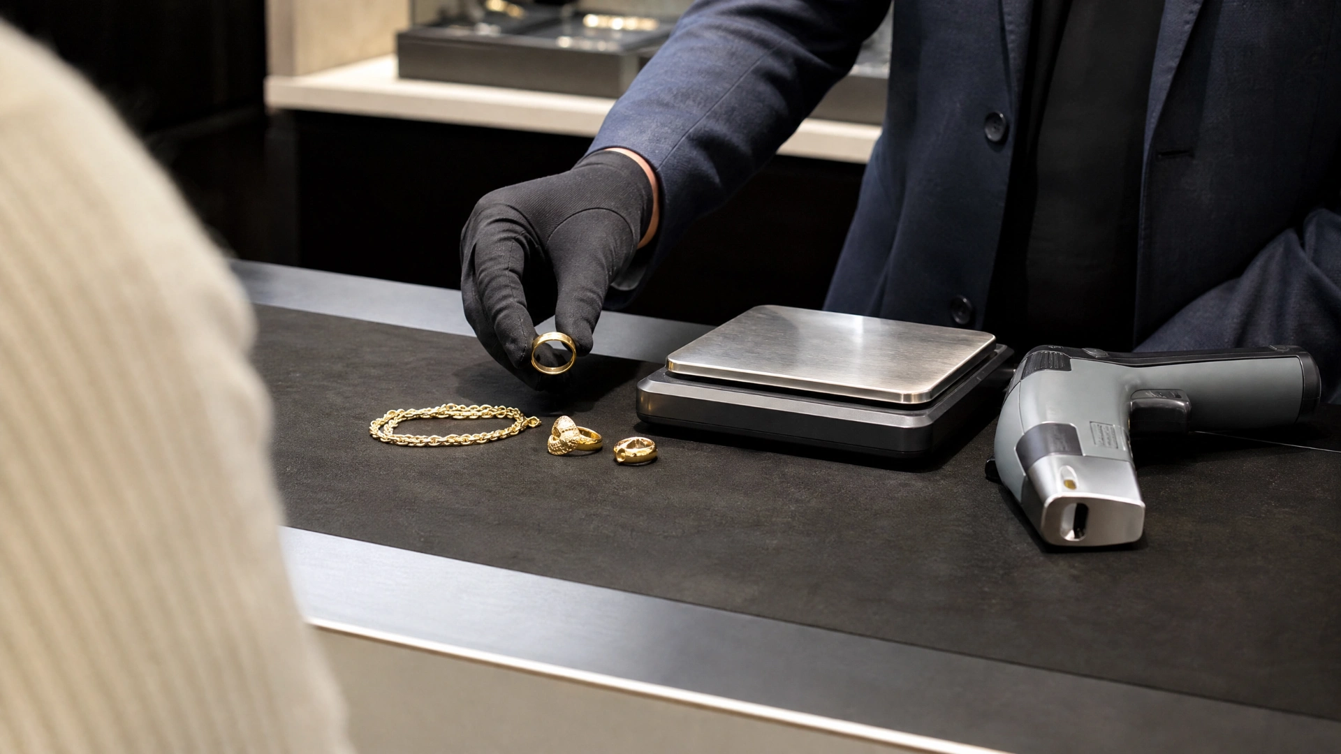 Professional testing a gold ring beside a scale and X-ray fluorescence analyzer