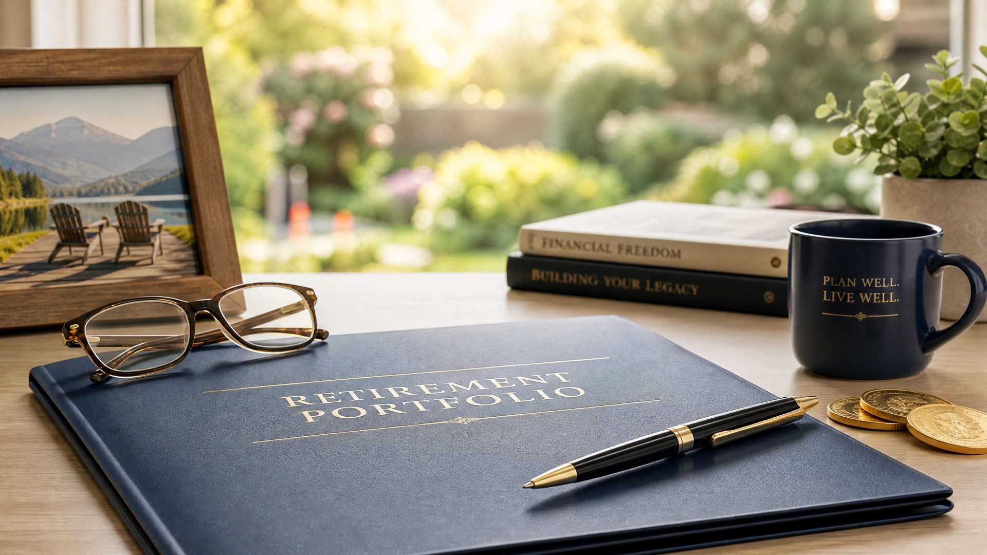 A retirement portfolio displayed on a desk, featuring documents and financial statements for future planning.