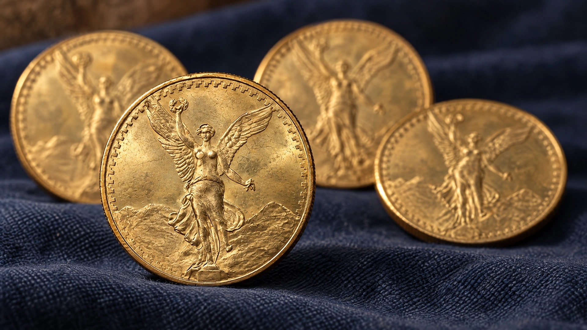 Several Mexican Centenario coins with the same Winged Victory reverse design, one in sharp focus and others softly behind it.