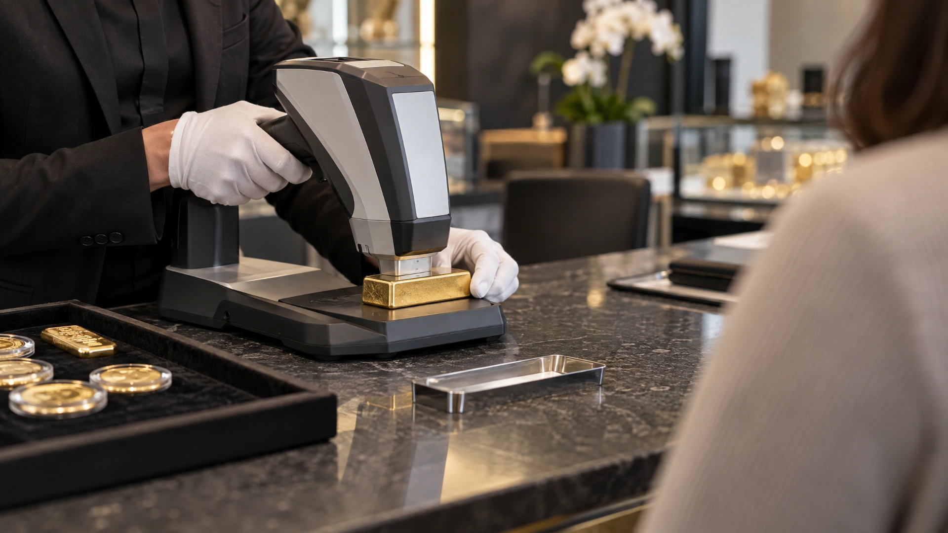 Precious-metals professional testing a gold bar with a handheld X-ray fluorescence analyzer