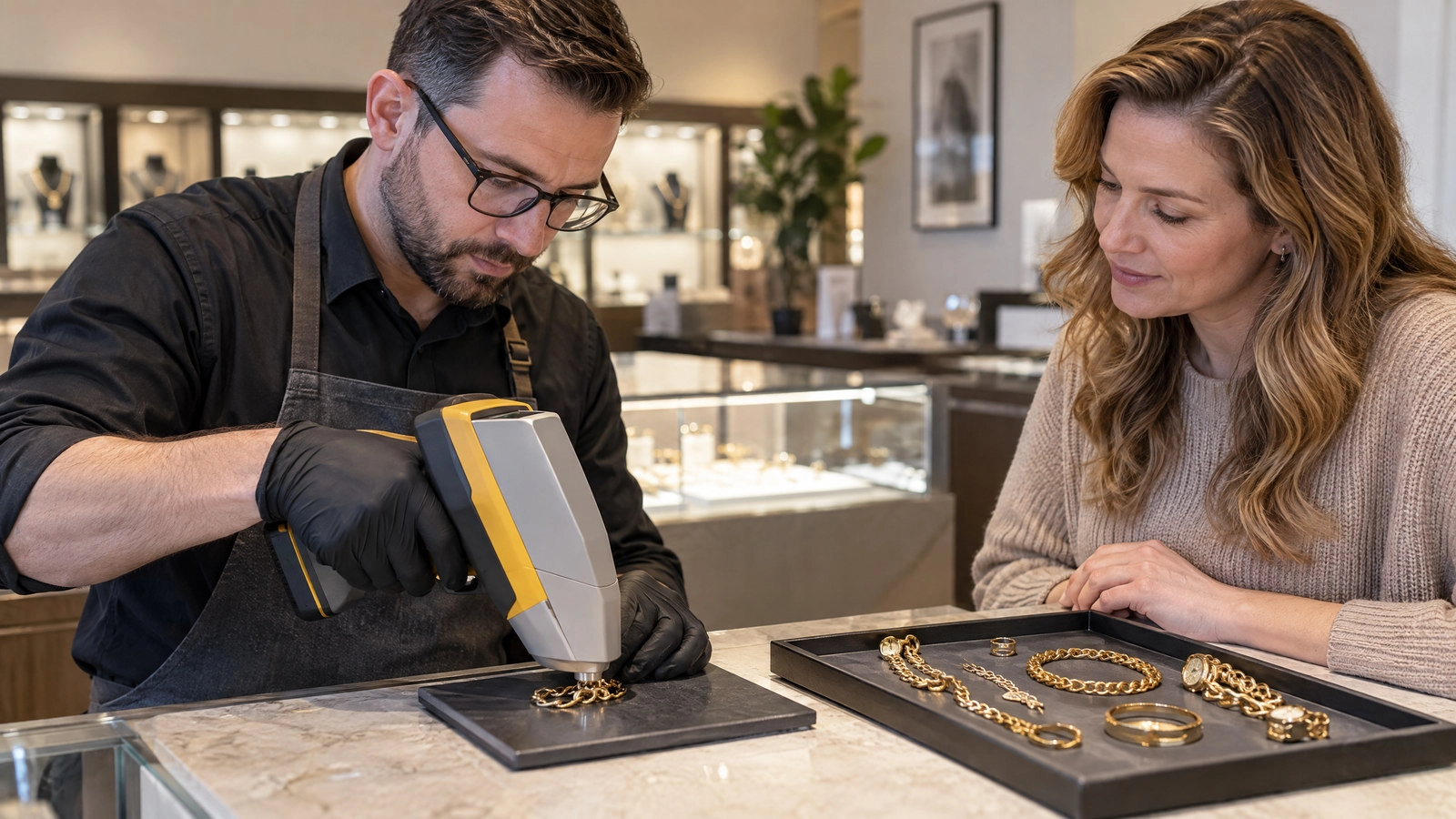 Jeweler examining a piece of jewelry with a handheld XRF analyzer at a counter.