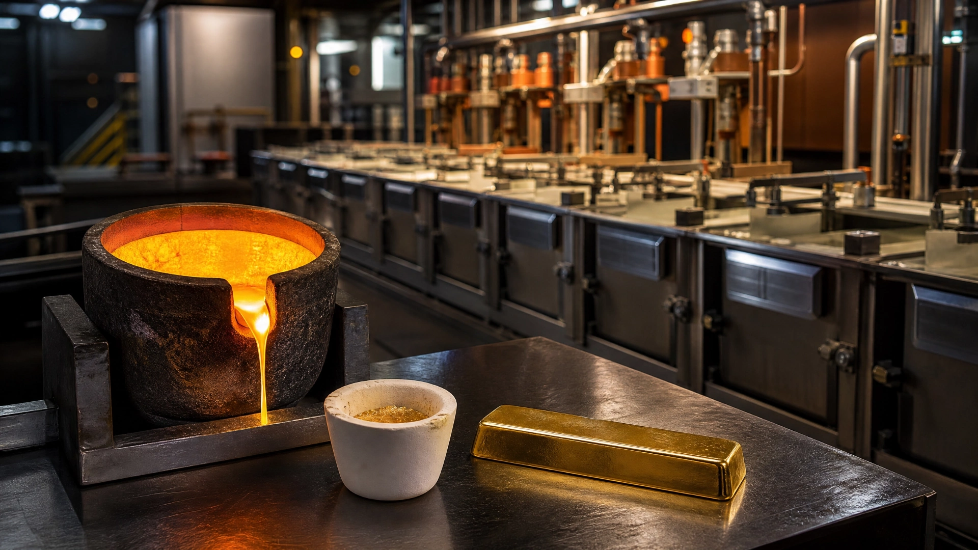 Molten gold in a crucible beside a plain gold bar in a modern refinery