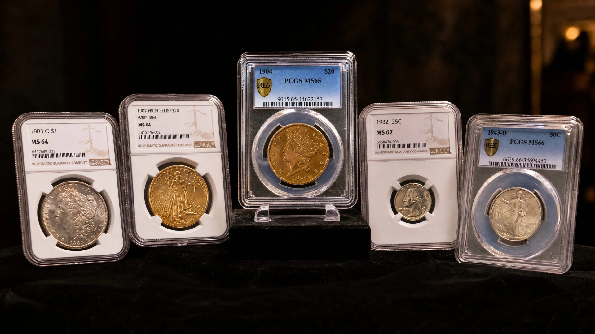 Certified and graded numismatic coins in PCGS and NGC protective slabs displayed on dark velvet