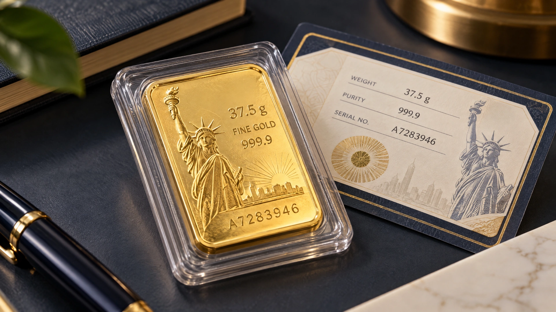 Sealed gold bar and assay card showing weight, purity and serial-number details