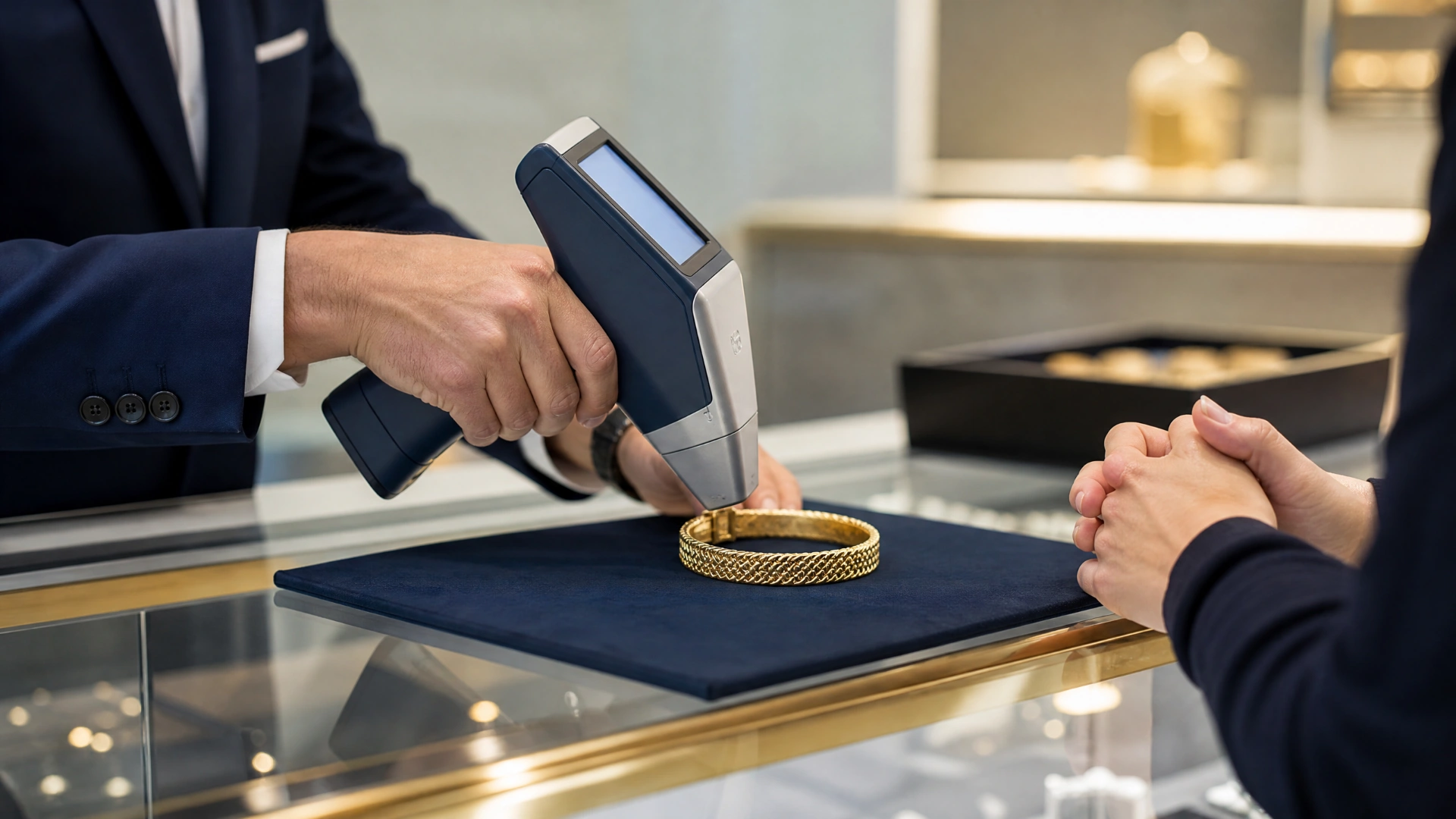 Handheld XRF analyzer testing a gold bracelet at a counter while a seller watches
