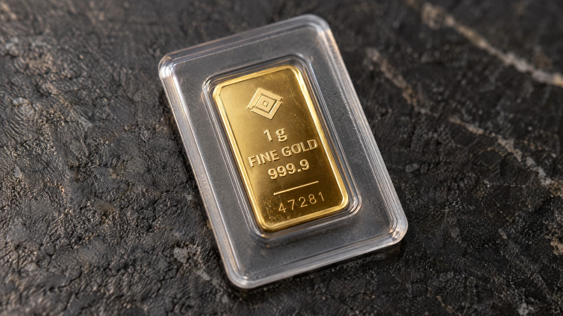 Close-up of a finished generic 1 gram minted gold bar in an assay-card sleeve, showing raised markings for weight, fine gold and purity.