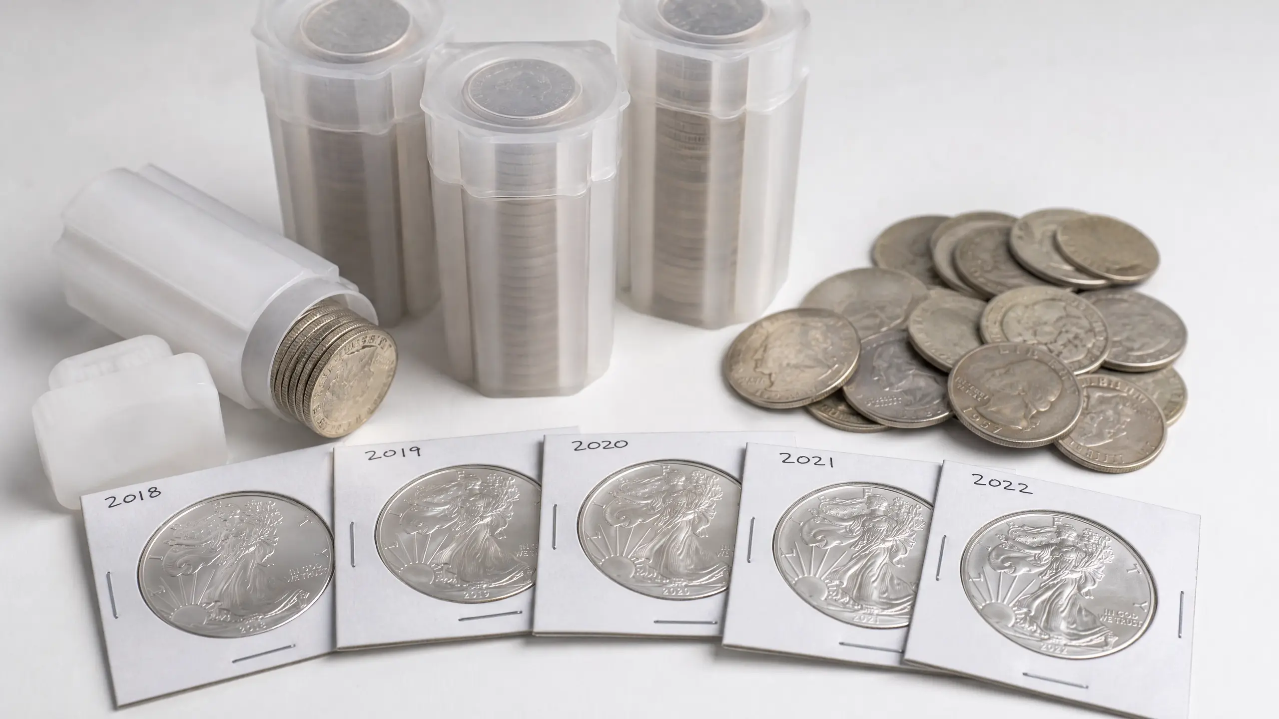Organized silver coins: tubes, flips, junk silver