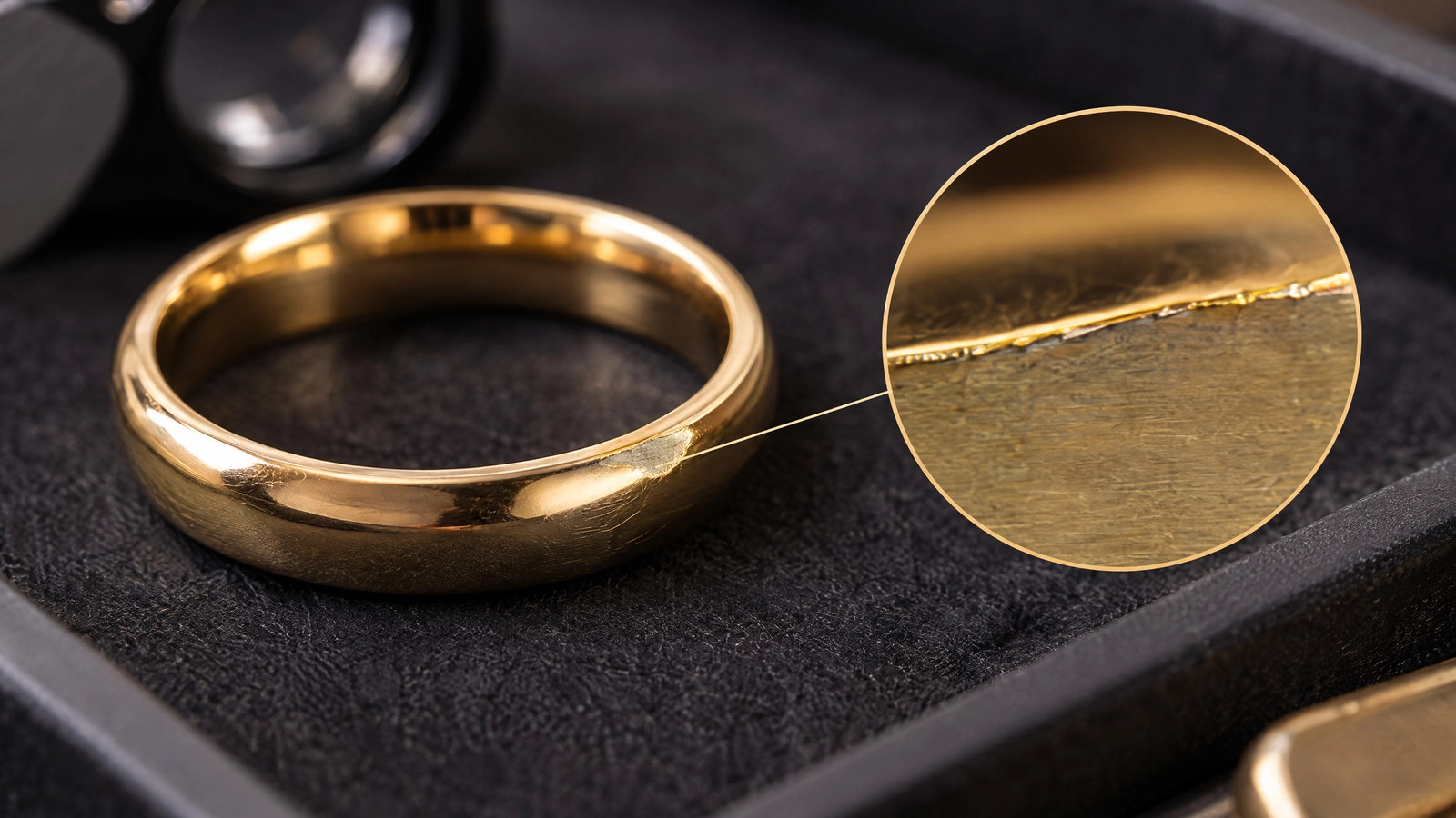 Gold-tone ring with a magnified view of its thin surface layer over base metal.