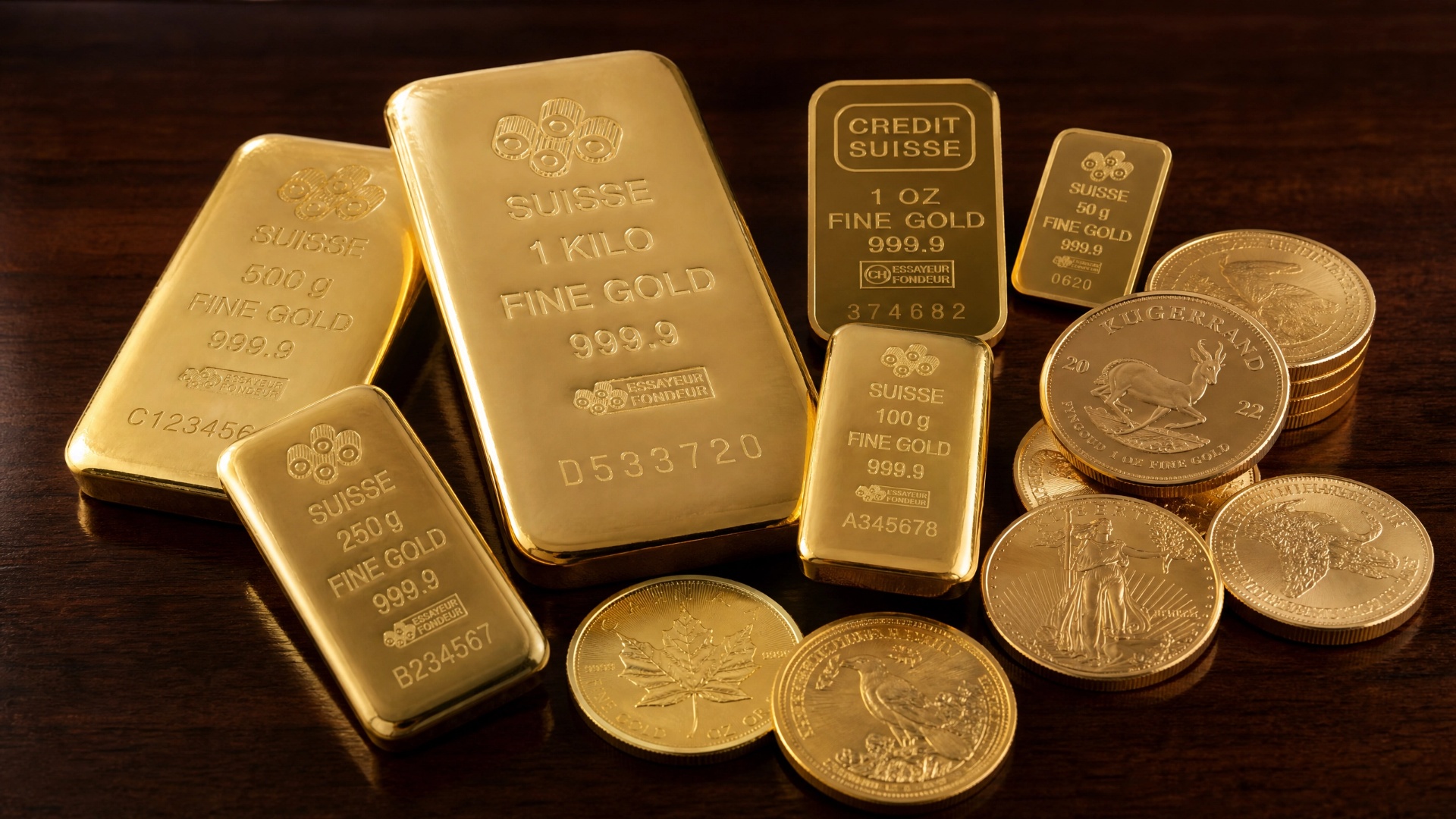 Gold bars and coins arranged on a wooden table, showcasing their shiny surfaces and rich color contrast.