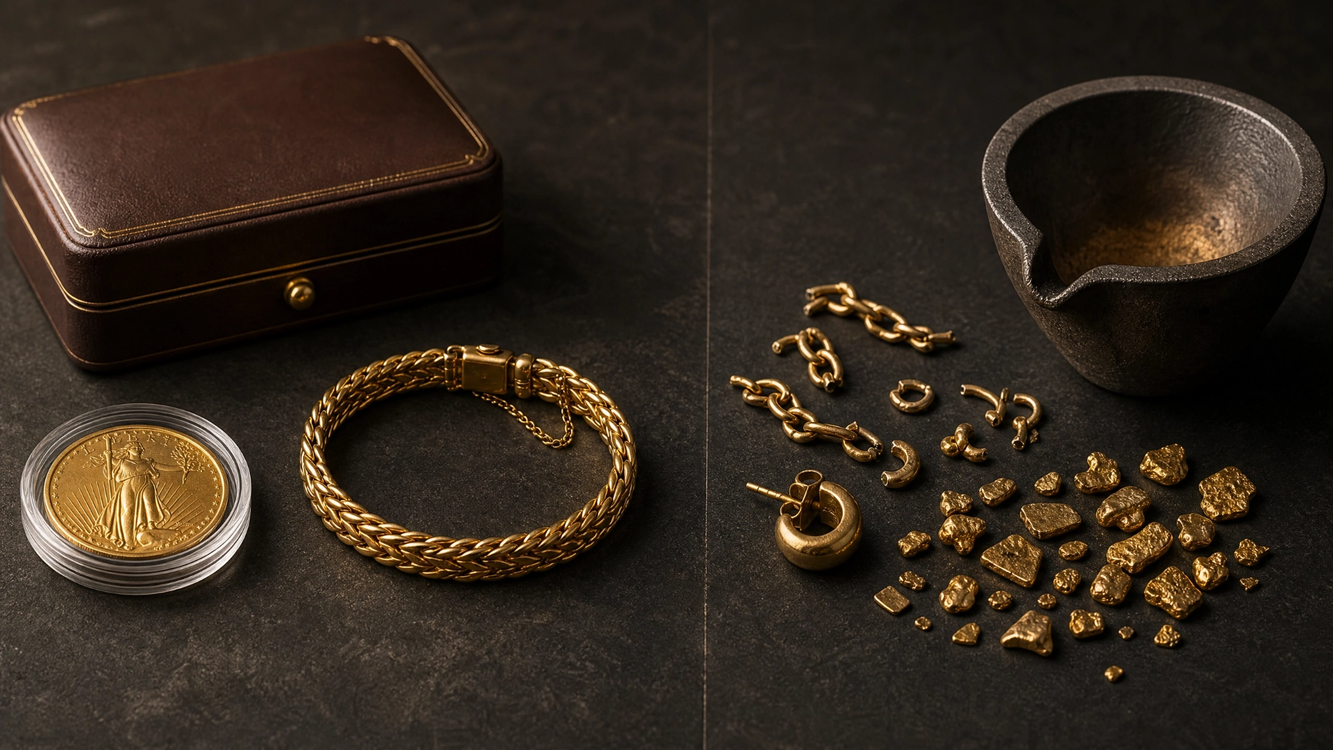 Intact coin and bracelet arranged separately from broken gold jewellery and scrap beside a crucible