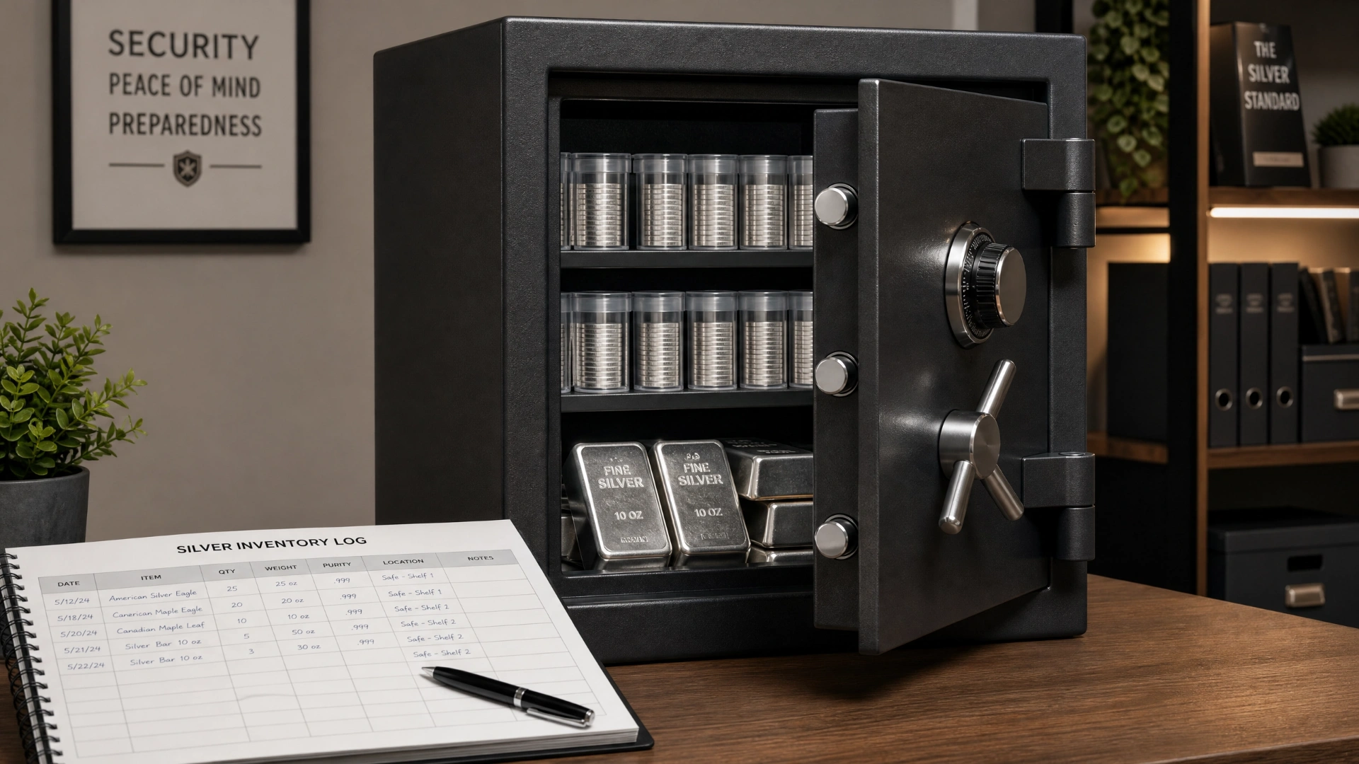 Secure home storage solution for silver bullion featuring a high-quality safe and inventory log.