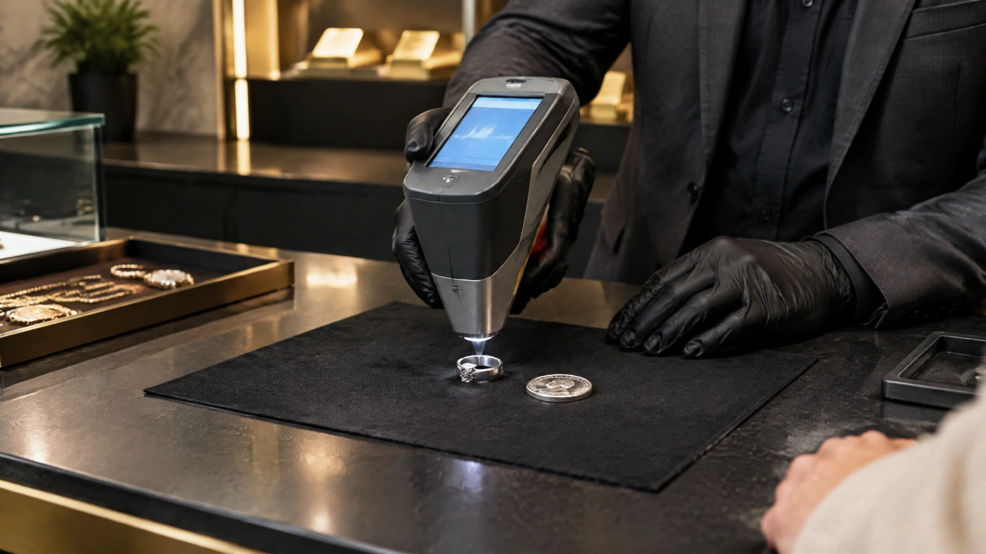 Specialist using an X-ray fluorescence analyzer to test platinum at a counter