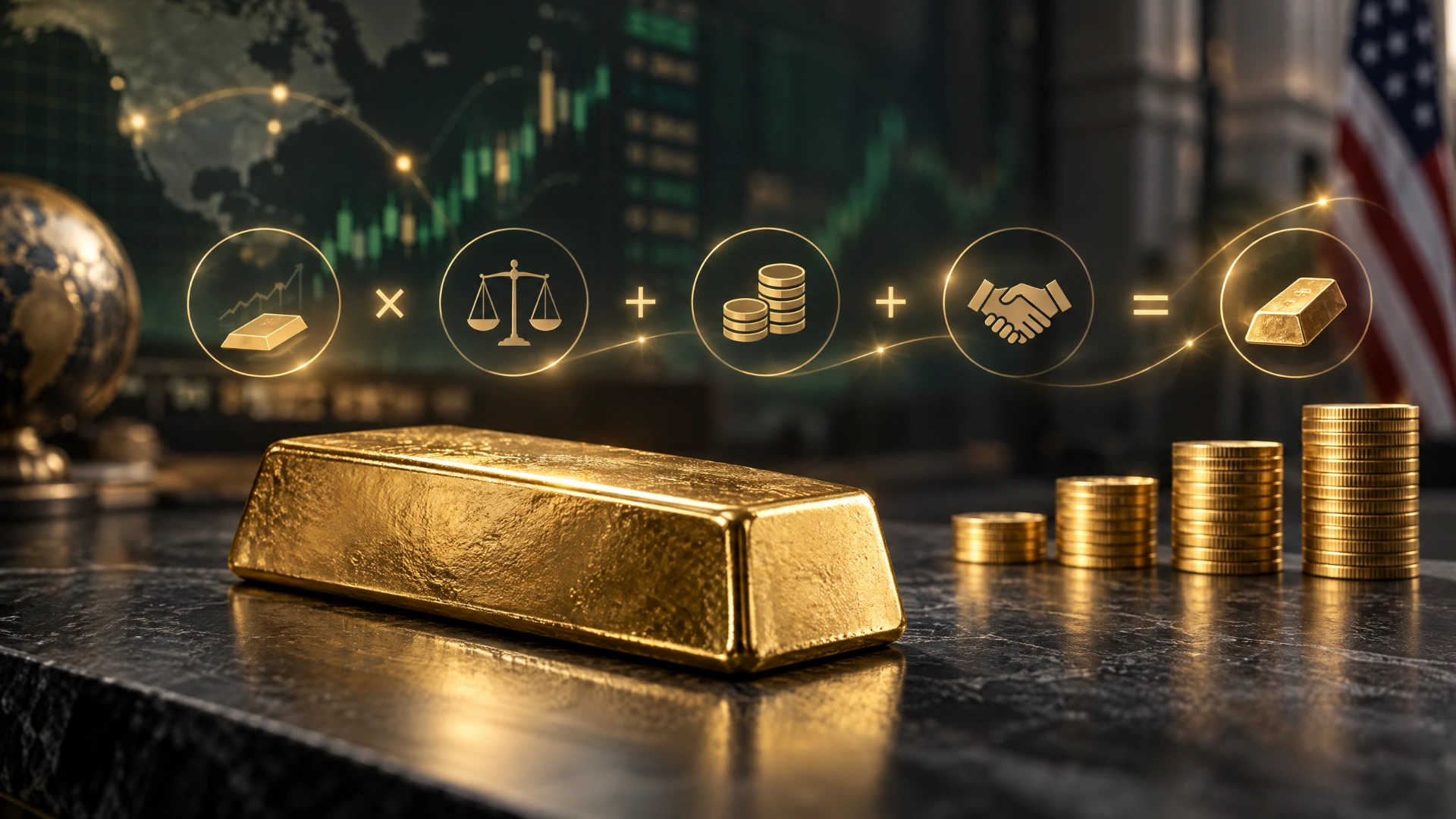 Gold bar with an abstract market-price calculation showing spot value, premium and dealer spread