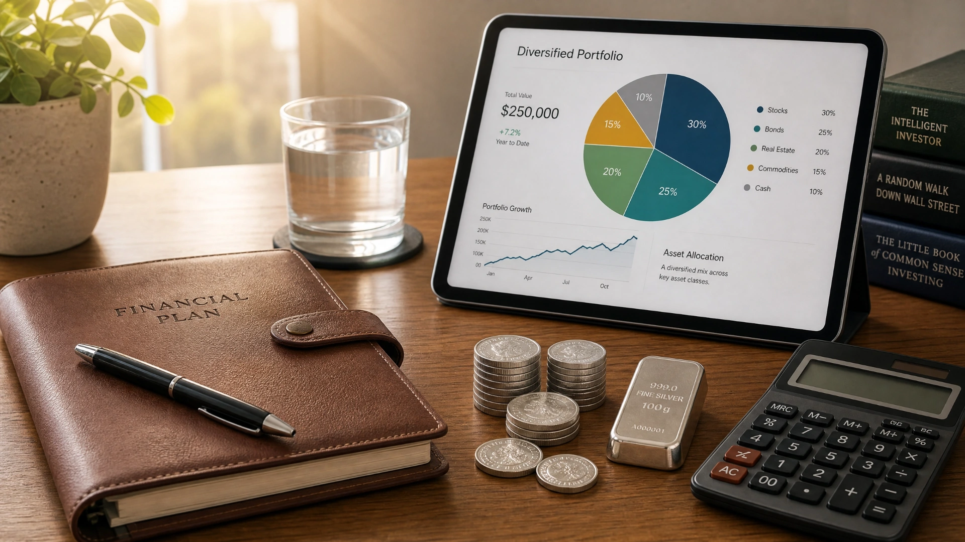 Conceptual image of a diversified investment portfolio including physical silver coins and bars.