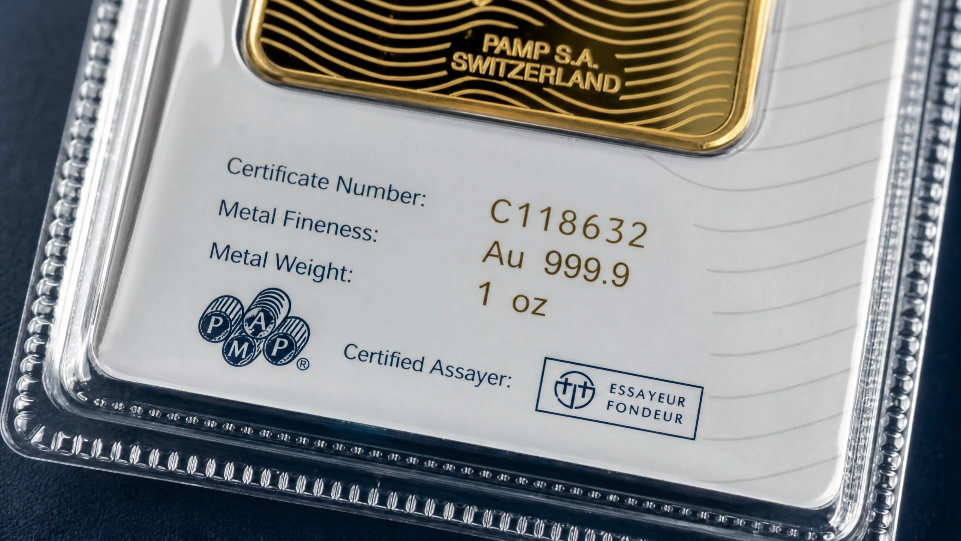 A close-up view of the PAMP Suisse assay card, showing the unique serial number and purity hallmarks.