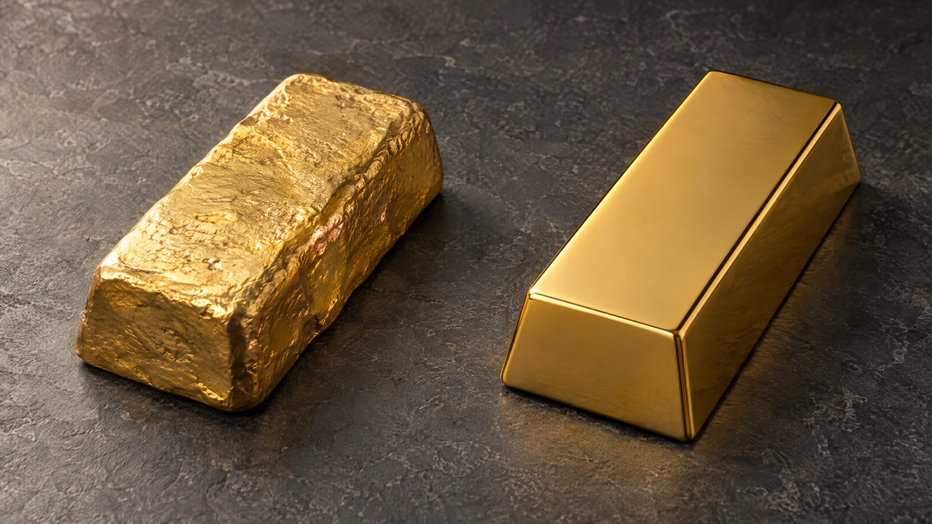A comparison of the irregular surface of a cast gold bar and the smooth, uniform finish of a minted bar.