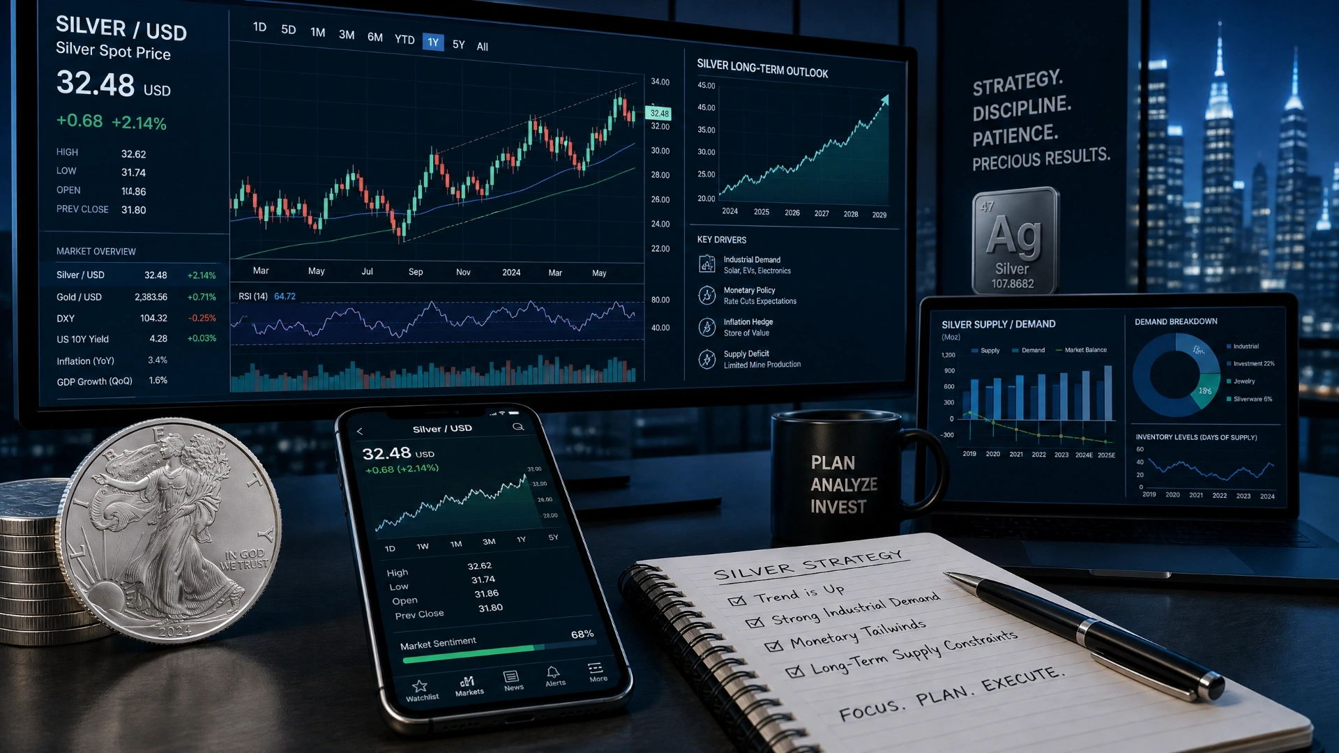 Analytical workspace showing silver market trends and long-term investment strategy charts.