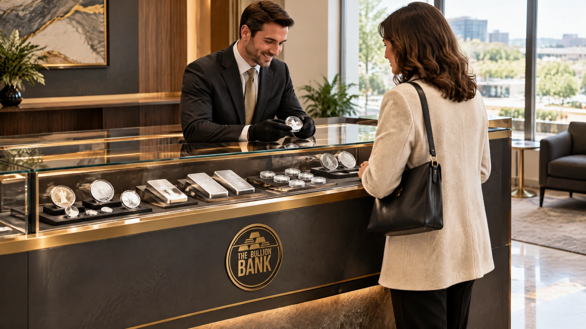 Customer viewing precious metals at a Bullion Bank counter in a modern store