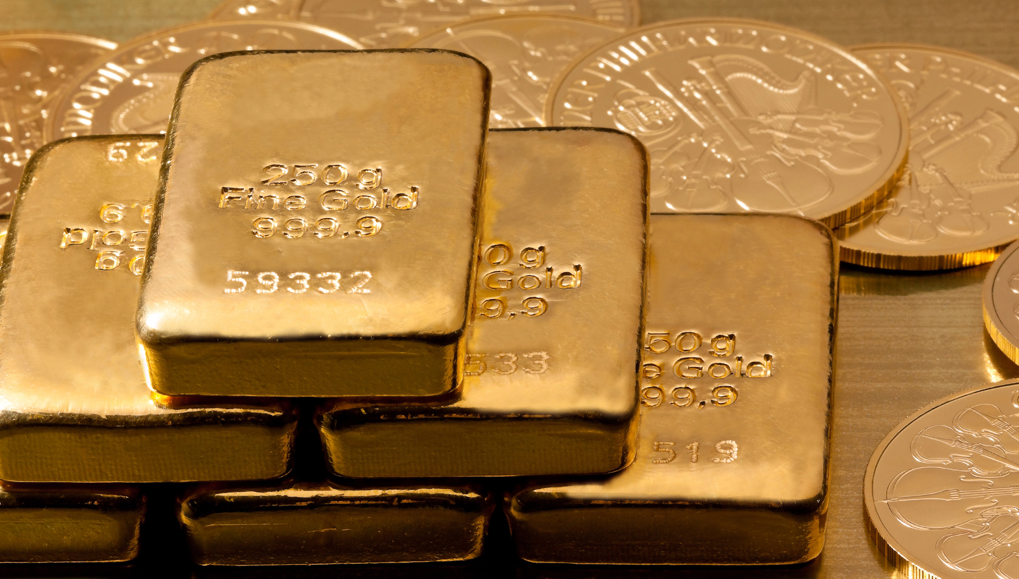 Gold bars and gold coins