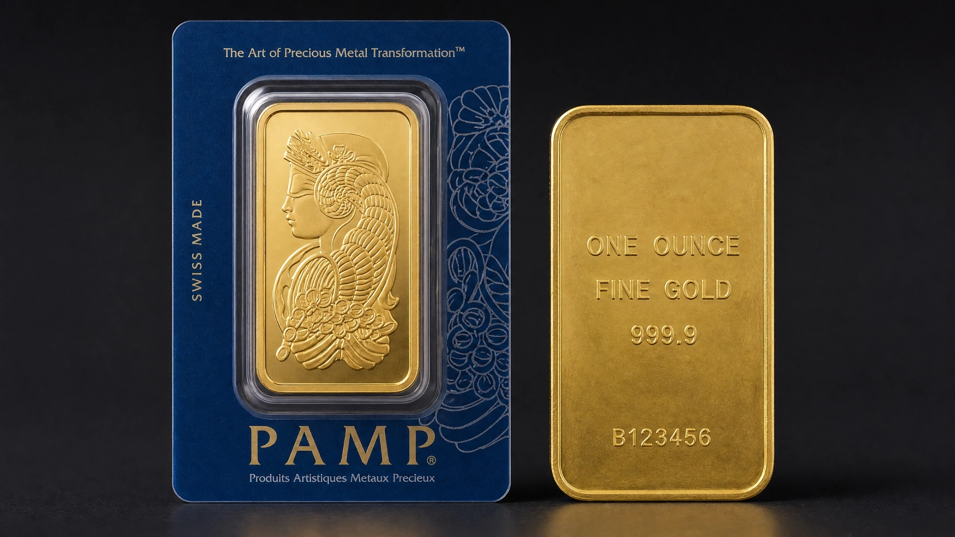 A comparison between an artistic PAMP Suisse bar and a generic, plain gold bullion bar.